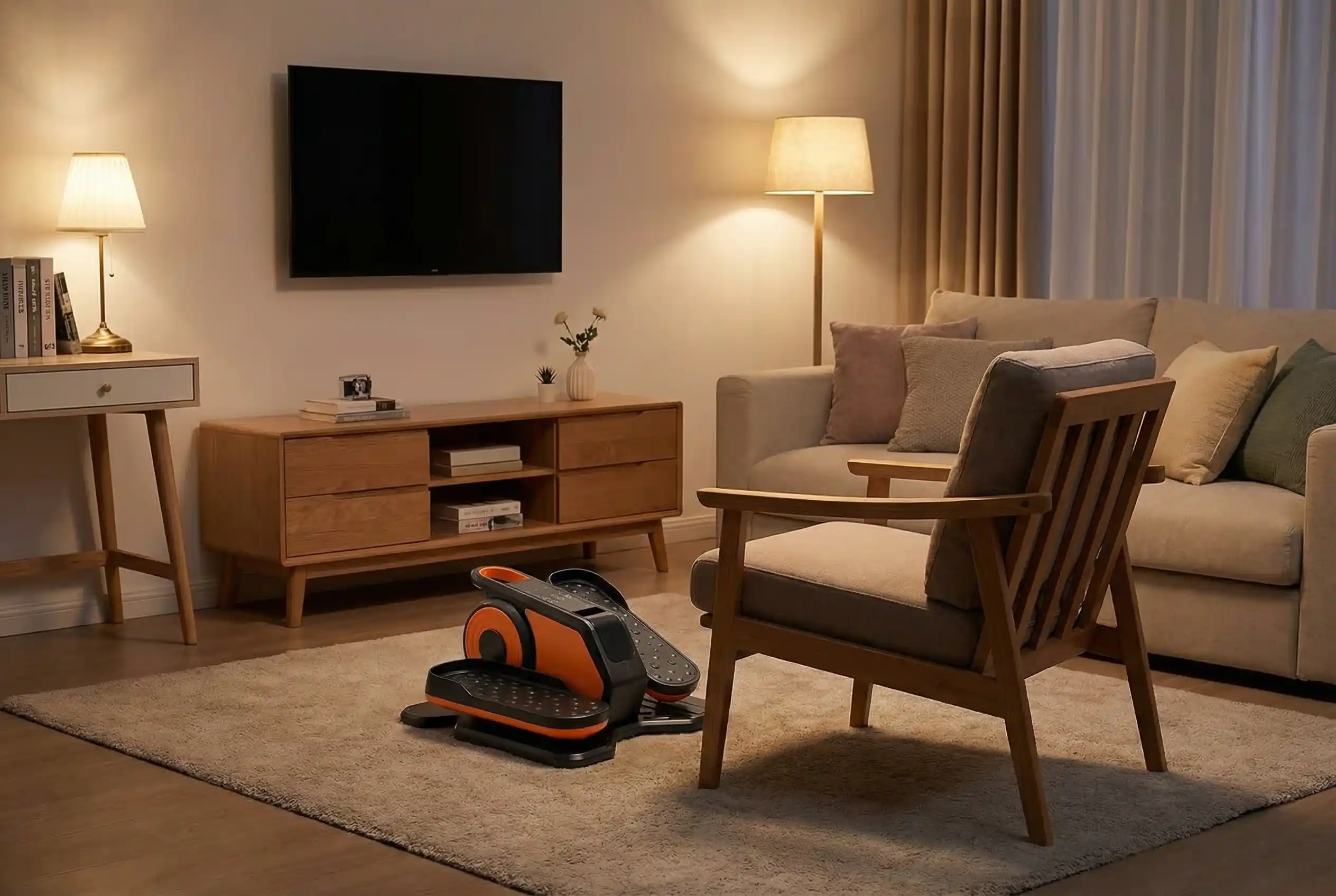 Olixis under-desk elliptical with orange accents on cream area rug in warm living room with wood-frame armchair, beige sofa with accent pillows, wall-mounted TV, oak media console, small vase with flowers, and dual table and floor lamps