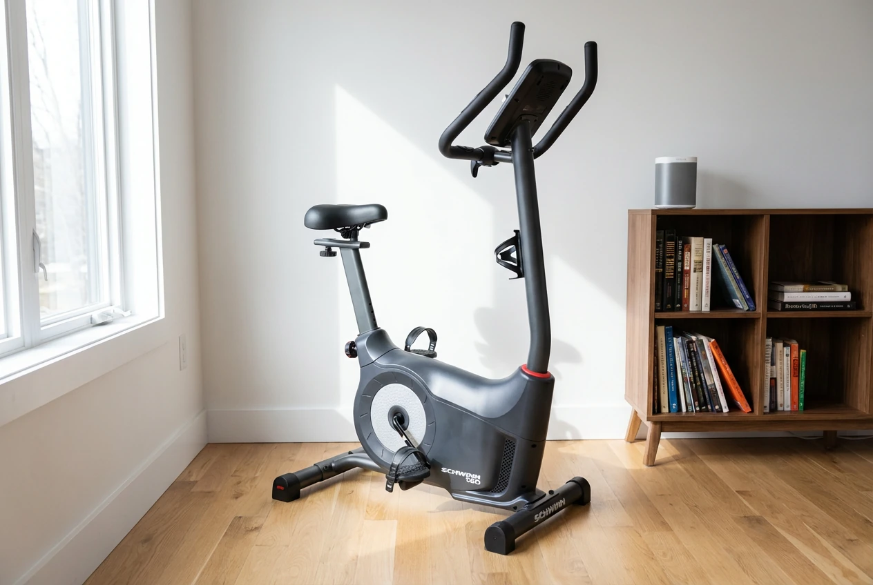 Schwinn-130 Schwinn 130 upright exercise bike with gray console, curved handlebars, and padded saddle on hardwood floor in bright minimalist room with open window, wood bookshelf with books and smart speaker