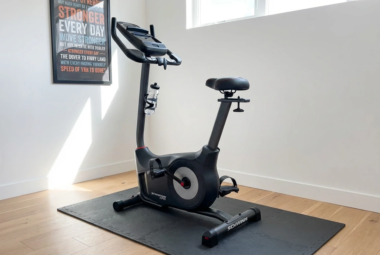 Schwinn-170 Schwinn 170 upright exercise bike with LCD console, dual-grip handlebars, water bottle holder, and padded saddle on black foam floor mat over hardwood in bright home gym with motivational typography poster on wall