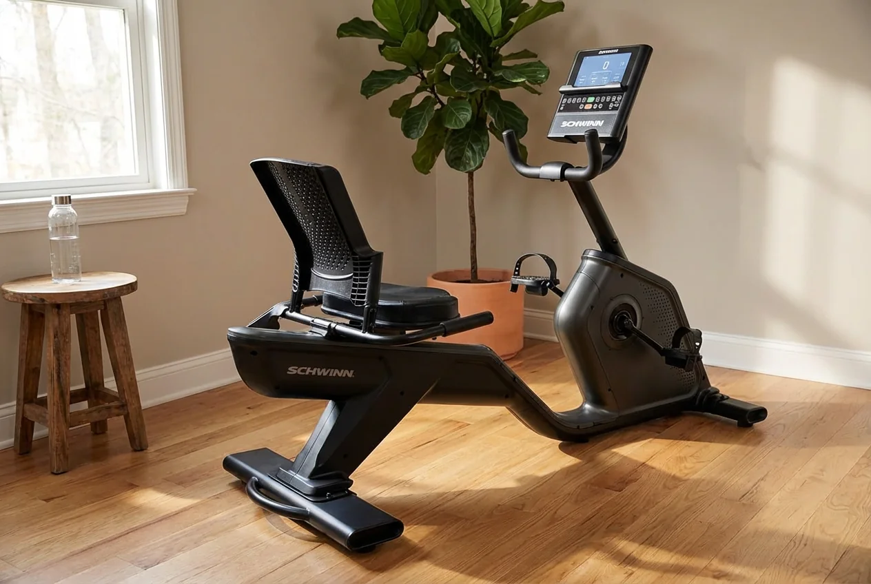 Schwinn-290-Recumbent Schwinn 290 recumbent bike with ventilated mesh seat back, color LCD console, curved handlebars, and step-through frame on hardwood floor in warm living room with fiddle-leaf fig plant, round wooden side table, and water bottle