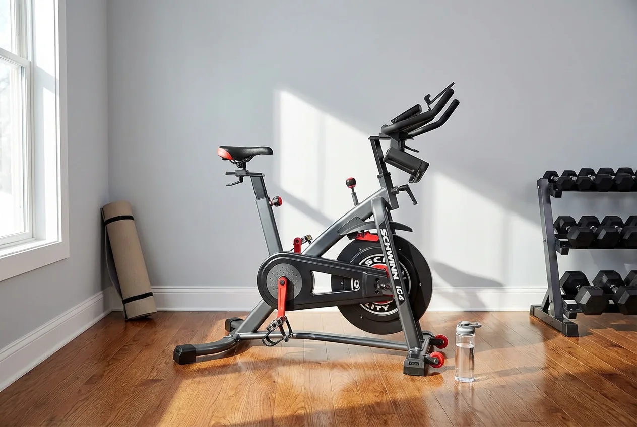 Schwinn-IC4 Schwinn IC4 indoor cycling bike with red accent hardware, dual-sided pedals, and large flywheel on hardwood floor in home gym with gray walls, three-tier dumbbell rack, rolled yoga mat, and water bottle