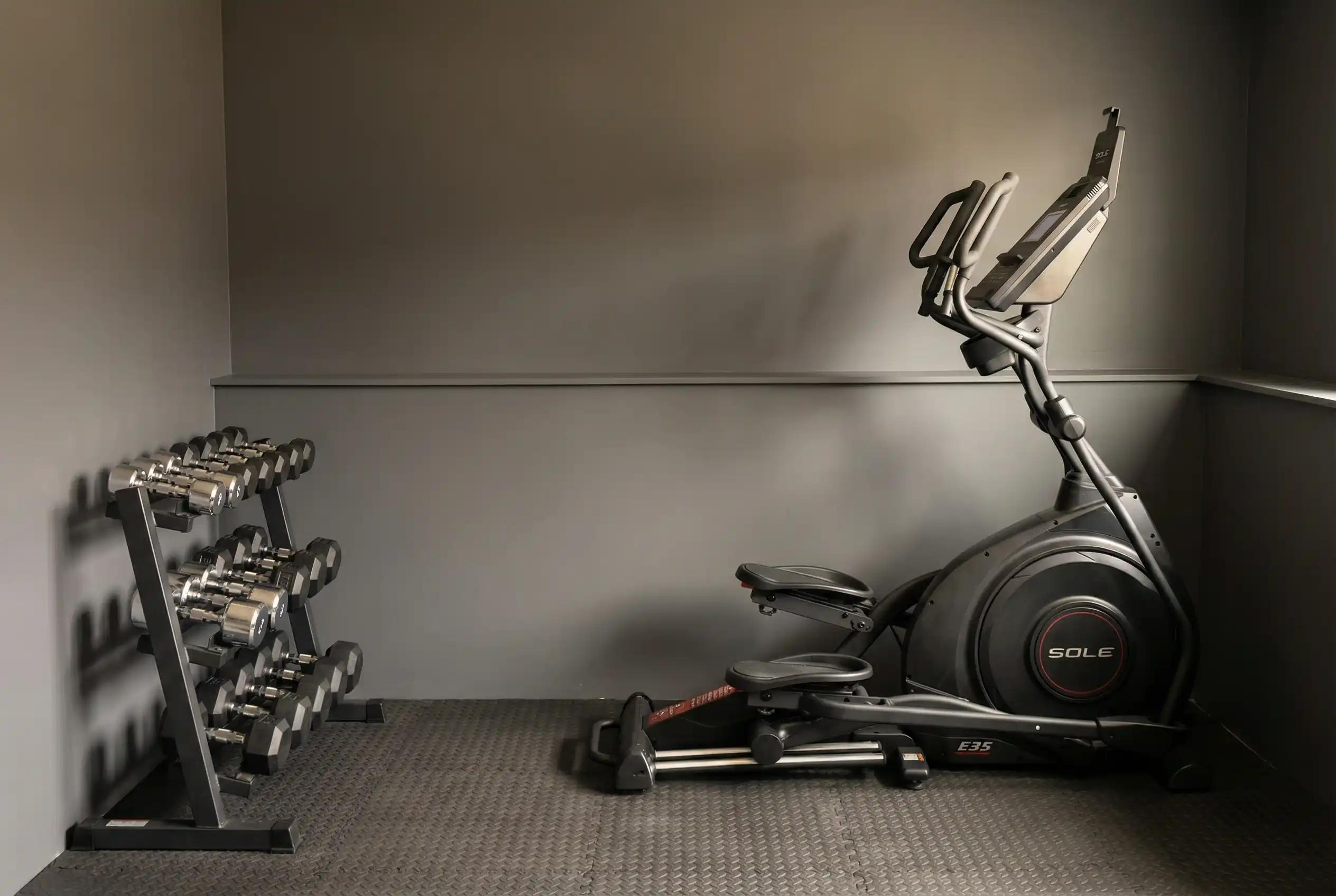 Sole-E35 Sole E35 elliptical machine with digital console, moving handlebars, and large flywheel in minimalist gym with gray walls, chrome dumbbell rack, and rubber tile flooring