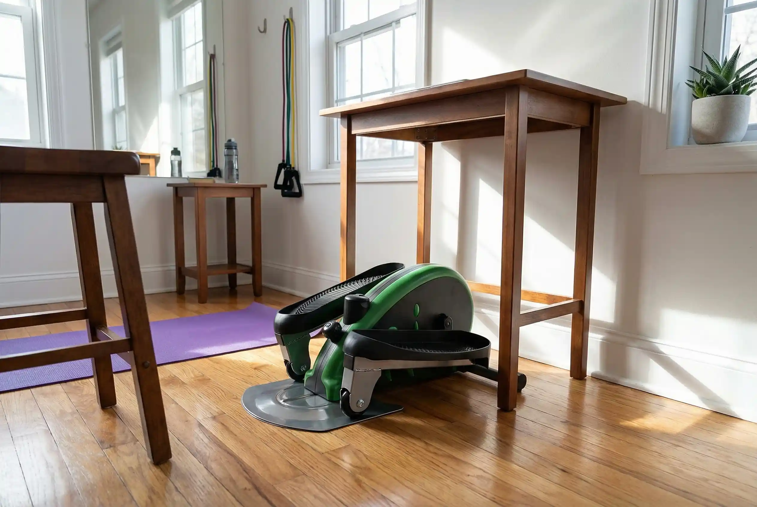 Stamina InMotion under-desk elliptical with green flywheel cover on hardwood floor beside walnut high-top table in bright home gym with purple yoga mat, resistance bands on wall hooks, water bottle, and succulent on windowsill