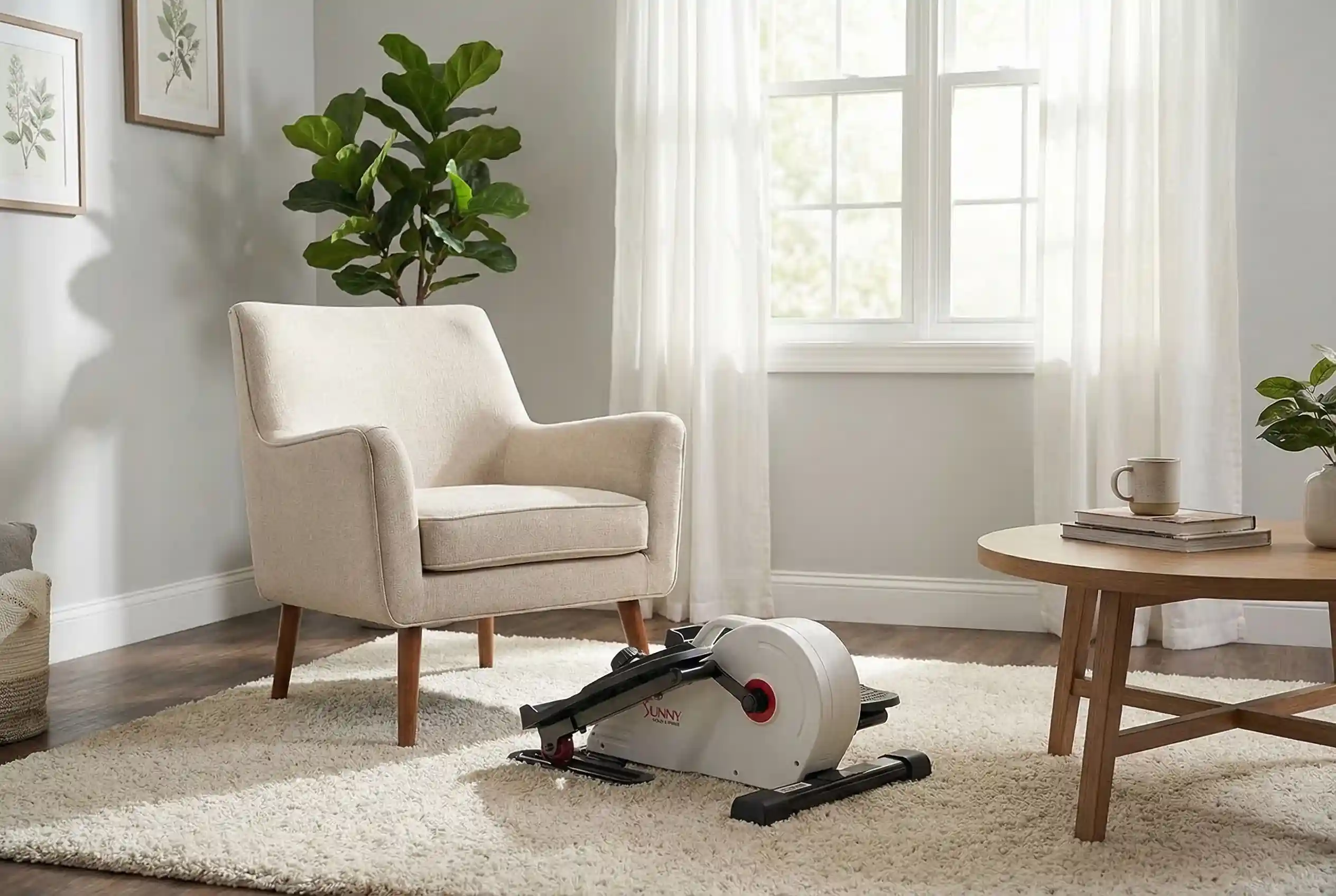 Sunny Health & Fitness SF-E3872 compact under-desk elliptical with white housing and red accents on cream shag rug beside cream upholstered armchair in bright living room with fiddle-leaf fig plant, botanical wall art, sheer curtains, and round oak coffee table with stacked books and ceramic mug