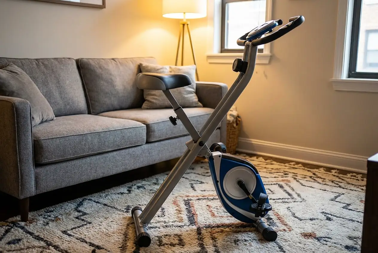 XTERRA-Fitness-FB150 XTERRA Fitness FB150 folding exercise bike with blue flywheel cover, X-frame design, and padded saddle on patterned area rug in cozy living room with gray sofa, warm floor lamp, and window with natural light