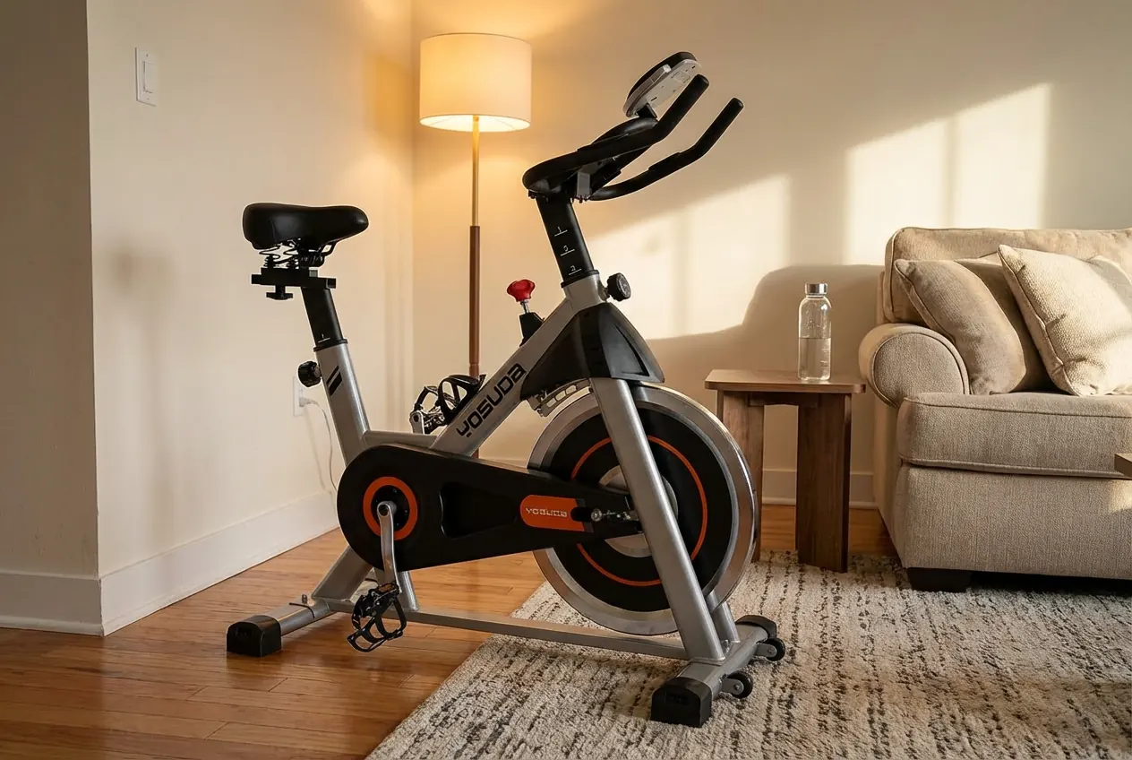 YOSUDA-Cycling-Bike YOSUDA indoor cycling bike with orange accent flywheel, red resistance knob, and adjustable handlebars on hardwood floor in warm living room with beige sofa, wooden side table, water bottle, and floor lamp
