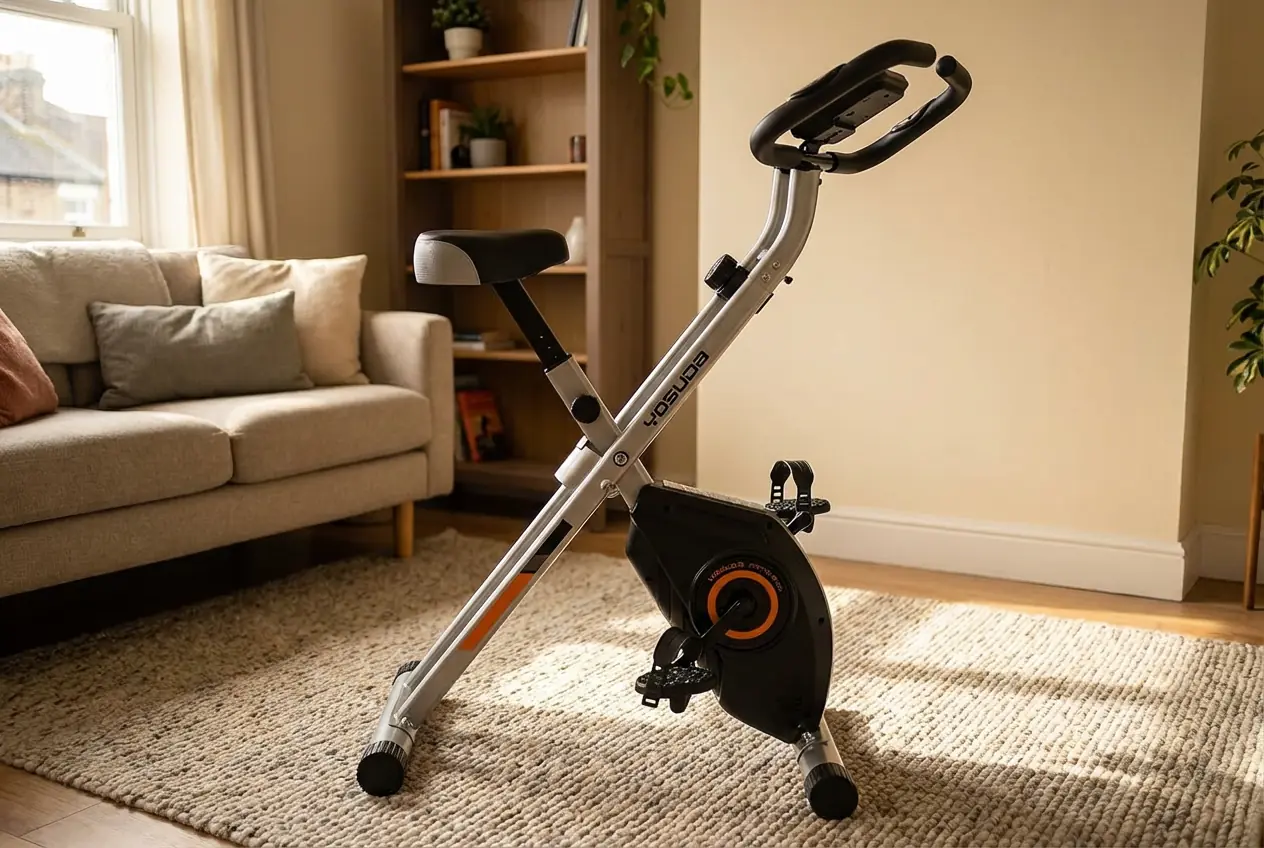 YOSUDA-Folding-Exercise-Bike YOSUDA folding exercise bike with silver X-frame, orange flywheel accent, padded saddle, and D-shaped handlebars on jute area rug in warm living room with beige sofa, open wooden bookshelf with plants, and large window