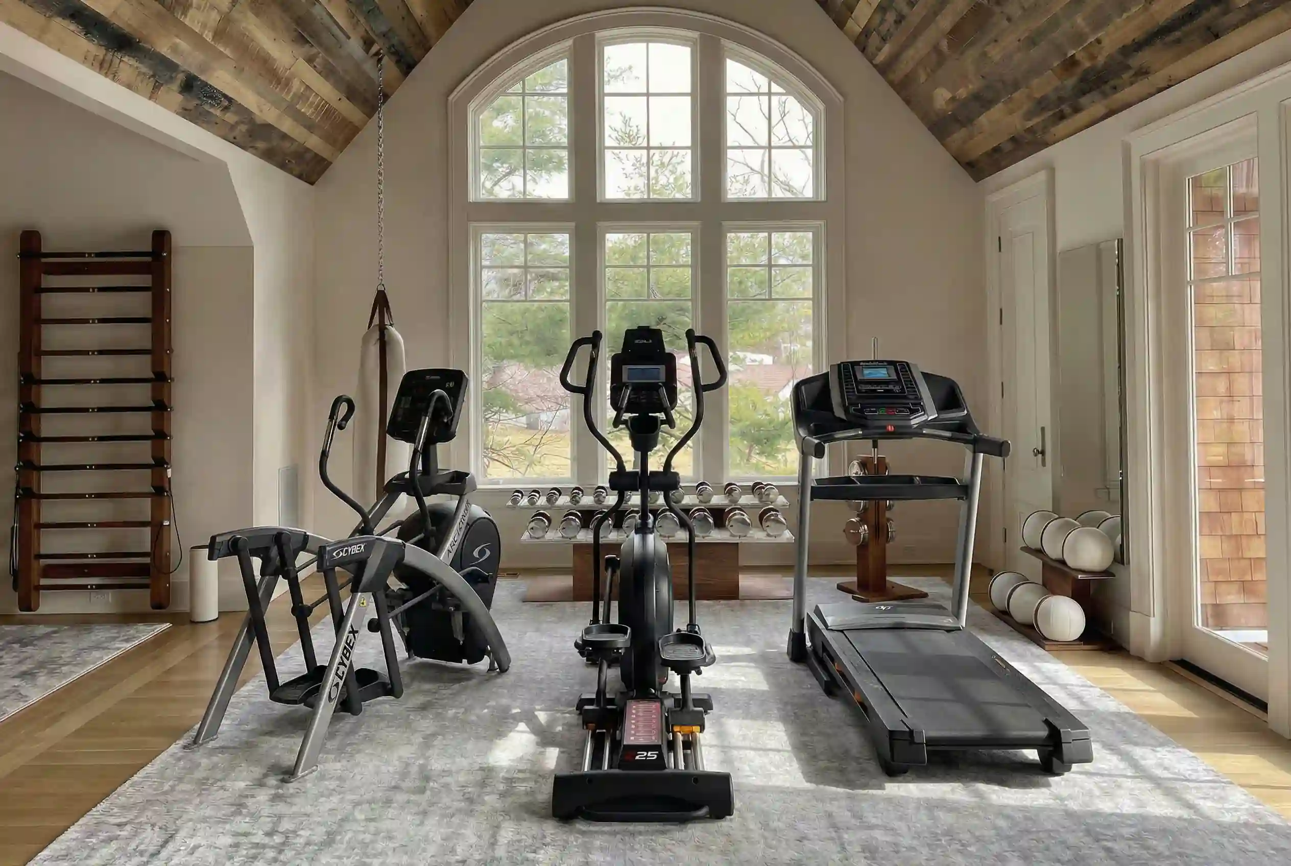 Cybex Arc Trainer, Sole E25, and NordicTrack T 6.5s next to each other in a home gym environment