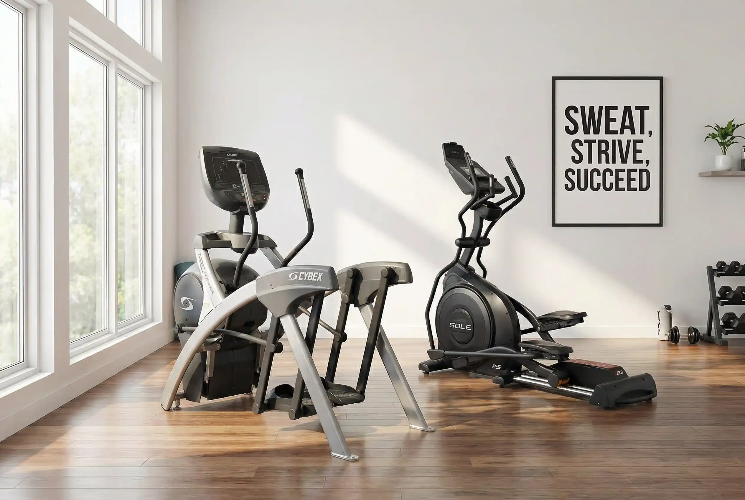 Cybex Arc Trainer and the Sole E25 in a home gym environment, a visible plaque on the wall that reads "sweat, strive, succeed", and a dumbell rack