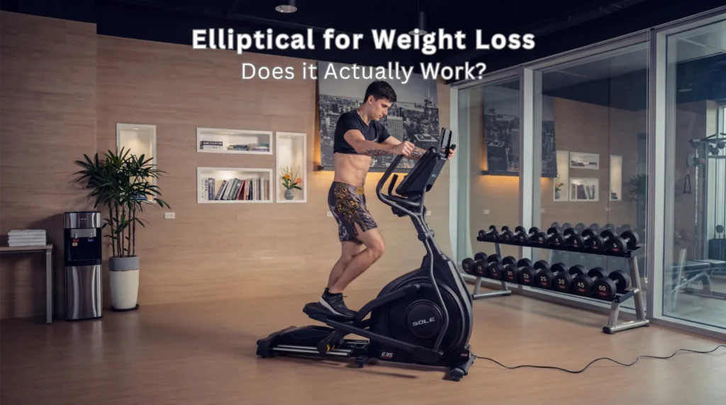 Milutin exercising shirtless on Sole E35 elliptical machine in patterned shorts and dark sneakers in upscale gym with wood-paneled walls, built-in shelving with books and flowers, large dumbbell rack, water cooler, indoor plant, and city skyline wall art, with text 'Elliptical for Weight Loss - Does it Actually Work?