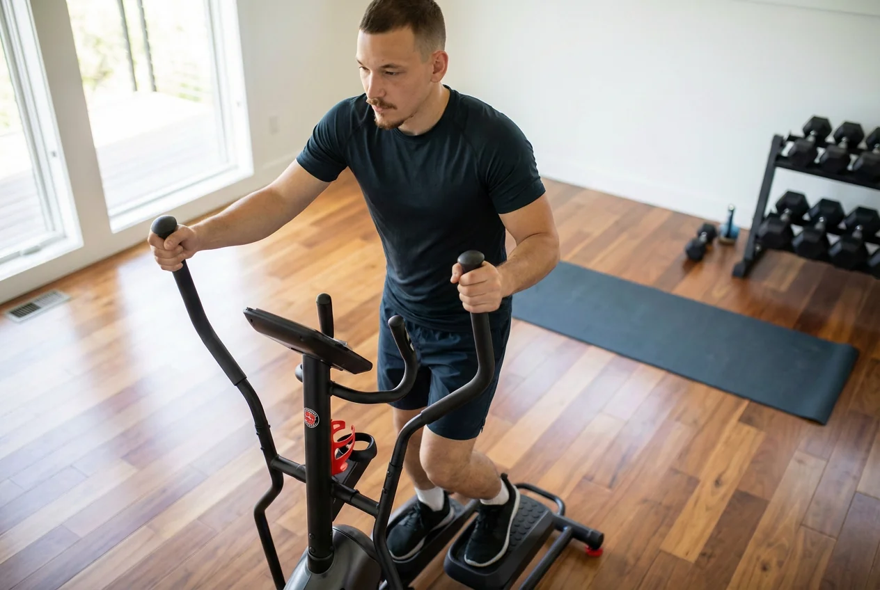 Milutin using an elliptical machine in a home gym environment.
