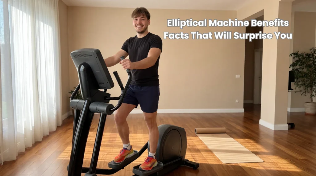 Milutin smiling while exercising on black elliptical machine in black t-shirt, navy shorts, white socks, and colorful running shoes on hardwood floor in bright open-plan room with sheer curtains, rolled yoga mat, and indoor plant, with text 'Elliptical Machine Benefits - Facts That Will Surprise You