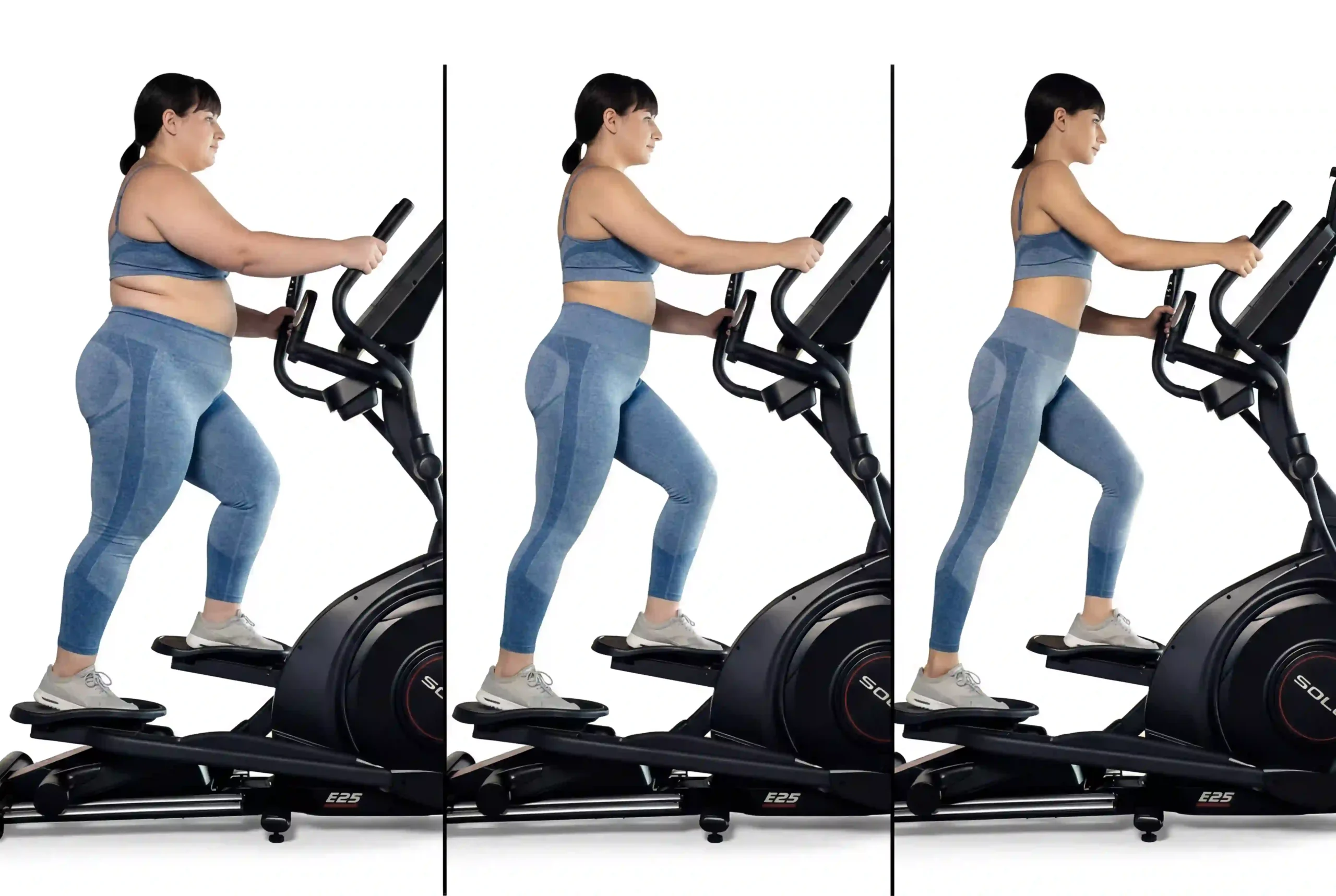 3-part divided image showing the 3 stages of fat loss using an elliptical machine.