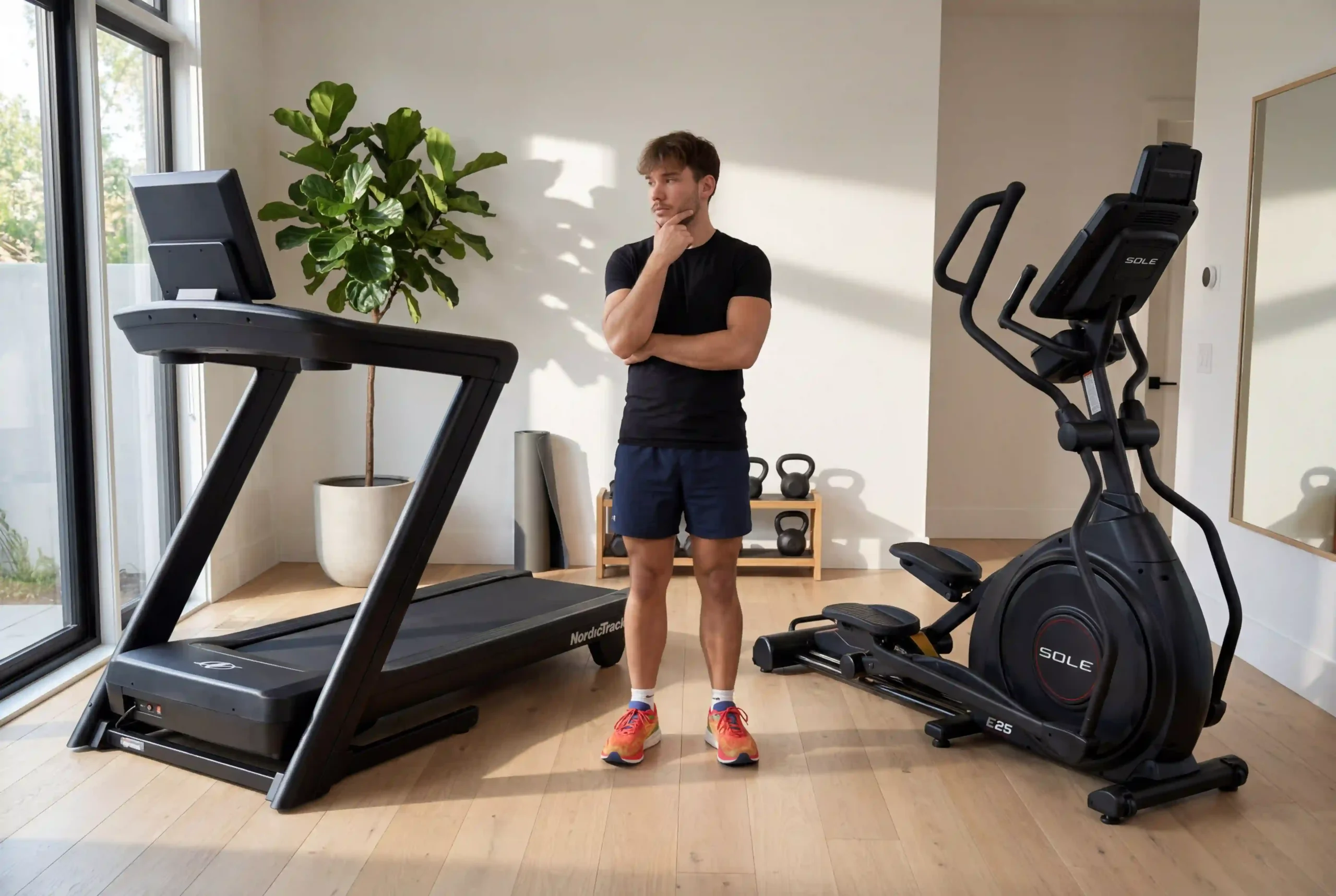 Milutin standing between a treadmill and an elliptical in a home gym environment, contemplating on which machine to use.