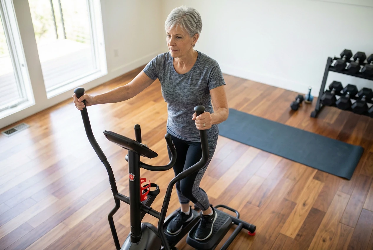 A senior adult using an elliptical machine in a home gym environment.