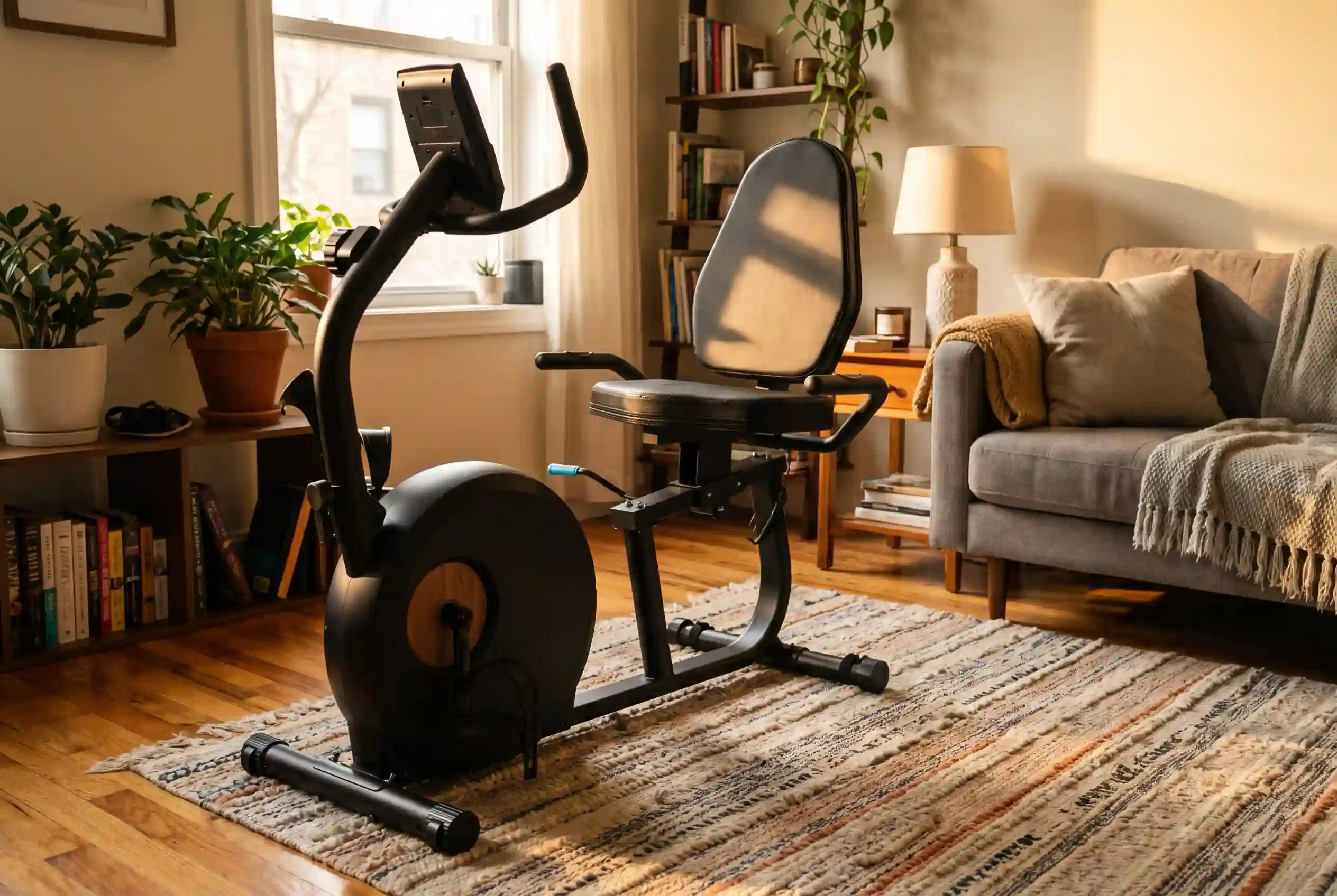 Merach S23 recumbent exercise bike in a cozy living room with hardwood floors, natural light from a window, houseplants, and a grey sofa in the background.