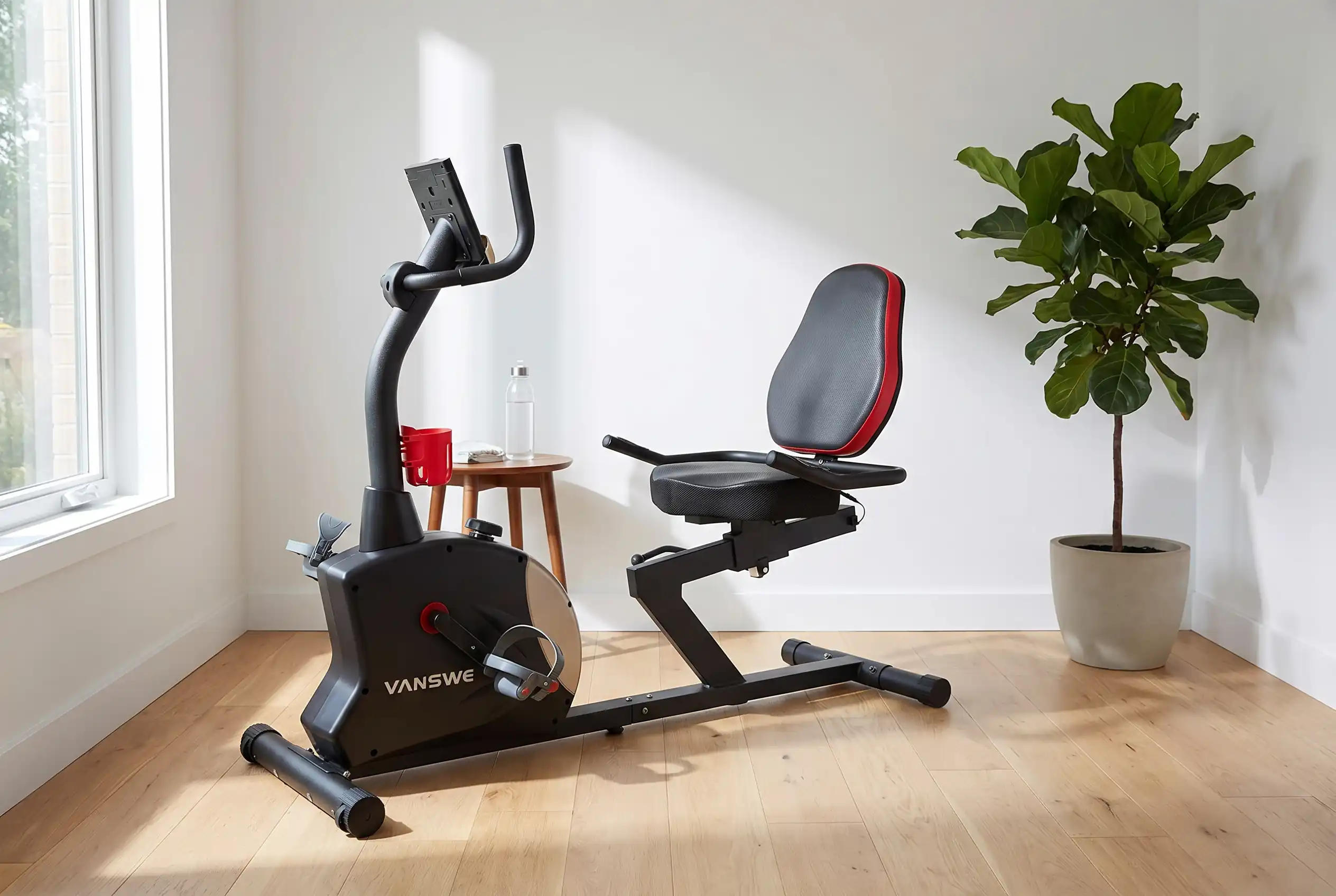 Vanswe recumbent exercise bike with padded seat and red-trimmed backrest, positioned on hardwood floor in a sunlit white room with a fiddle leaf fig plant in the background