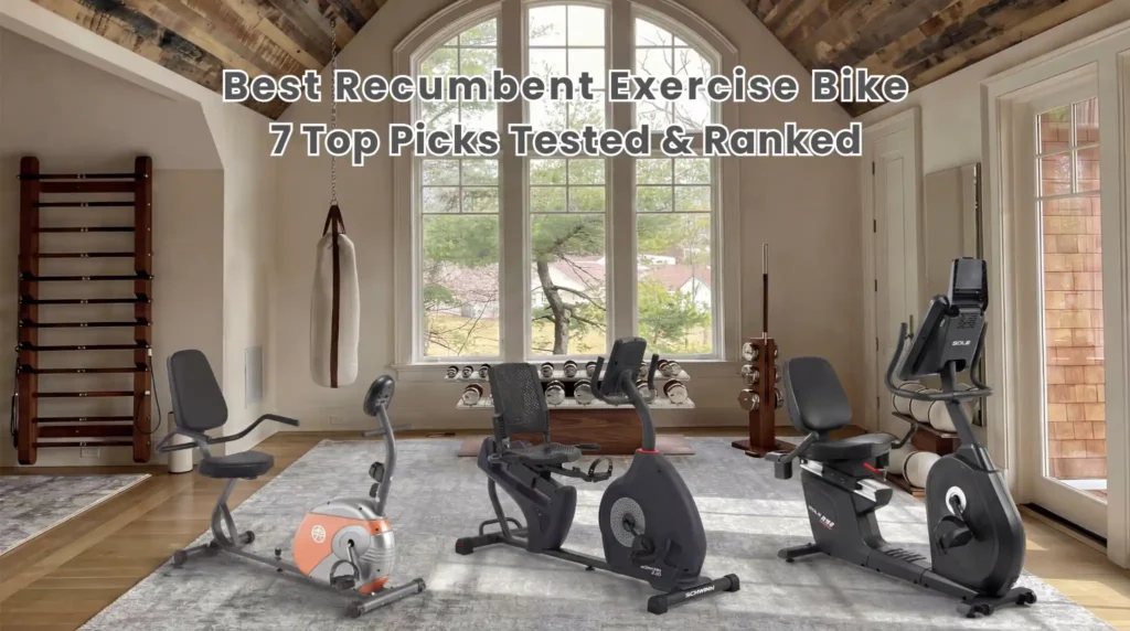 Three recumbent exercise bikes displayed in a bright, spacious home gym with arched windows, exposed brick ceiling, and a wall-mounted wooden ladder rack, with the text "Best Recumbent Exercise Bike – 7 Top Picks Tested & Ranked" overlaid in bold white letters