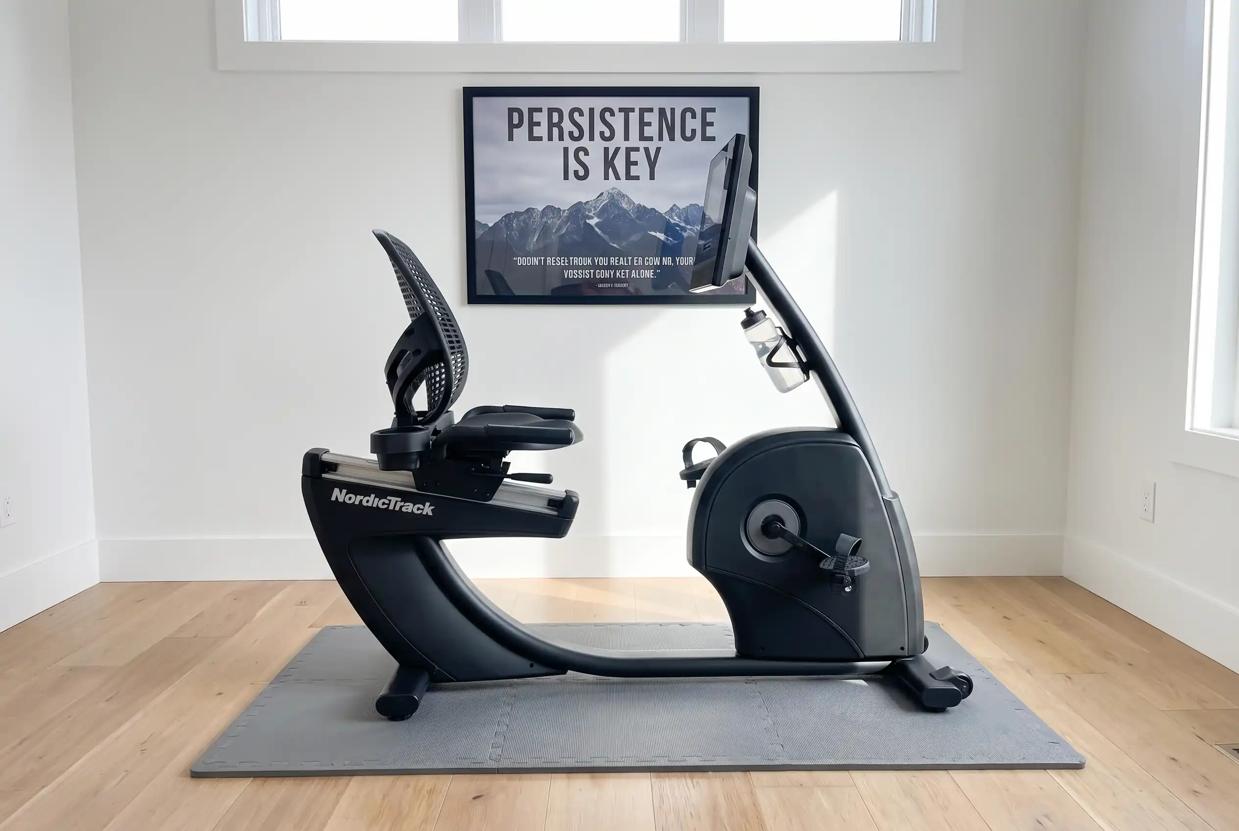 NordicTrack 10 Recumbent Exercise Bike shown in profile view on a gray foam floor mat in a bright home gym, featuring a ventilated mesh seat, 10-inch tilting touchscreen console, water bottle holder, and oversized pedals with straps