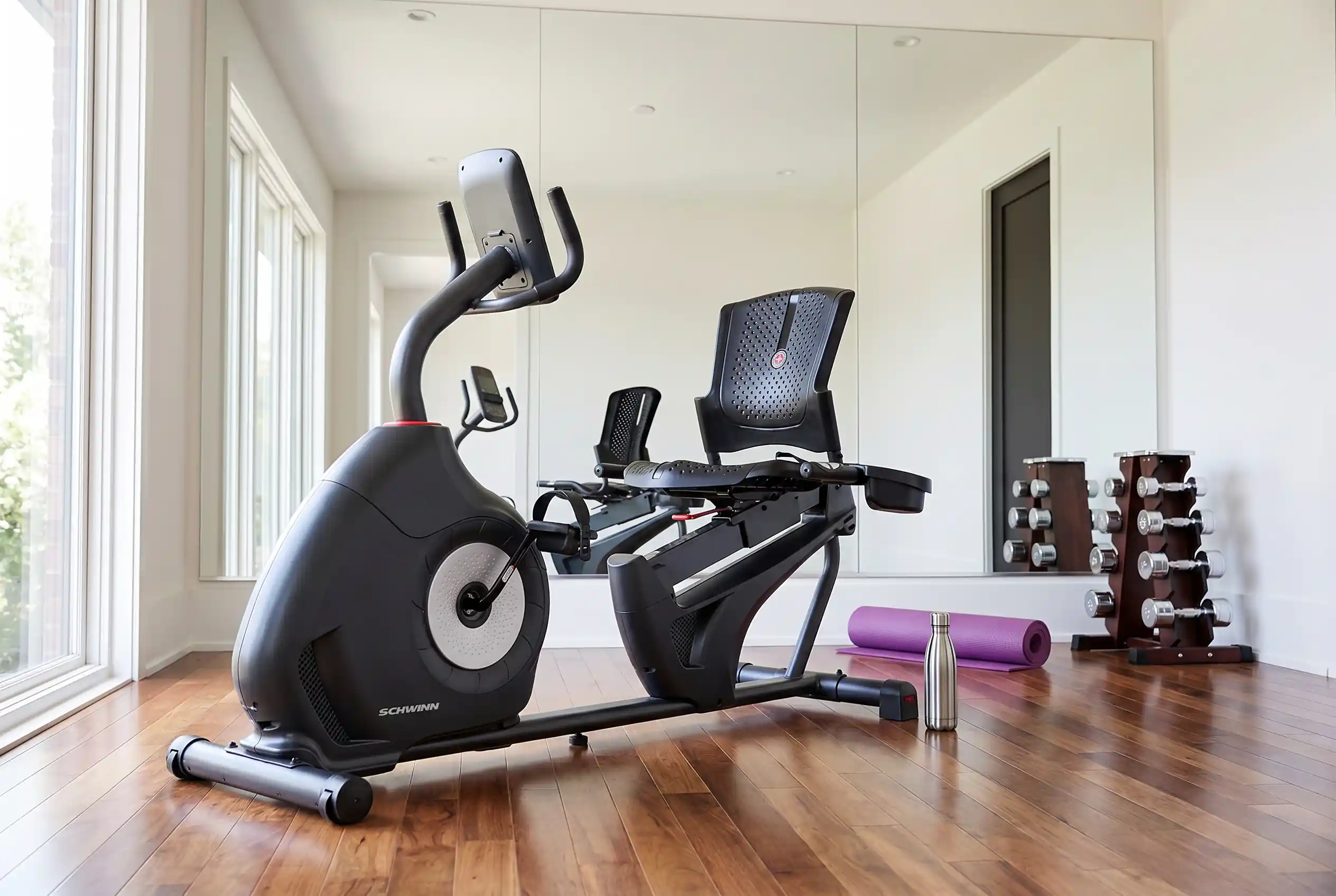 Schwinn 230 Recumbent Exercise Bike shown at a three-quarter angle in a bright home gym with hardwood floors, large windows, a full-length mirror, and a dumbbell rack in the background, with a water bottle and rolled yoga mat placed beside the bike