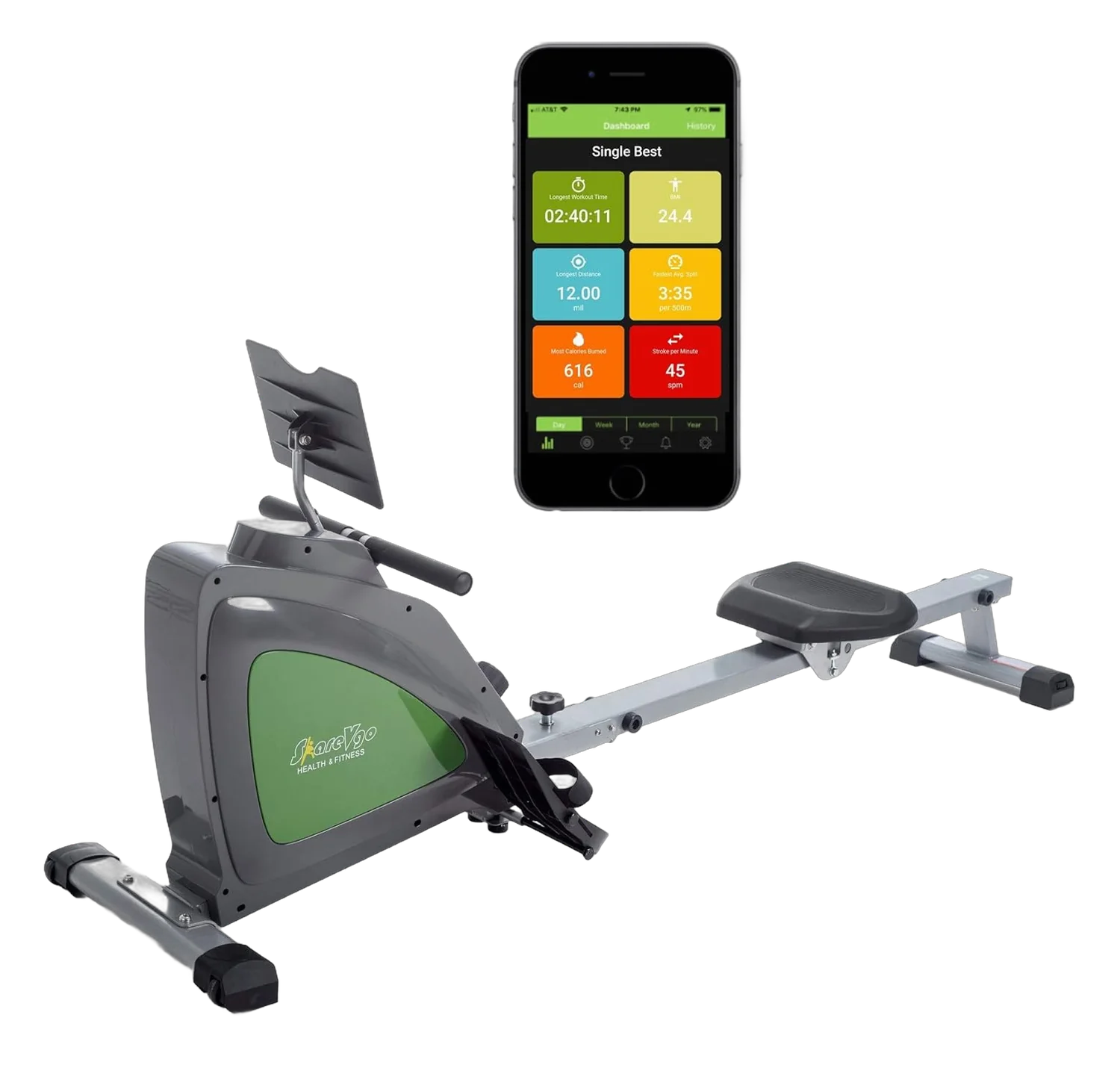 ShareVgo Smart Rower on white background with app dashboard displayed on smartphone beside it