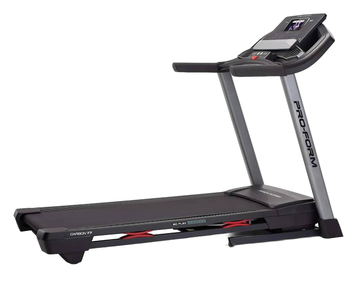 ProForm Carbon T7 Smart Treadmill on white background, full side angle view showing belt deck and console