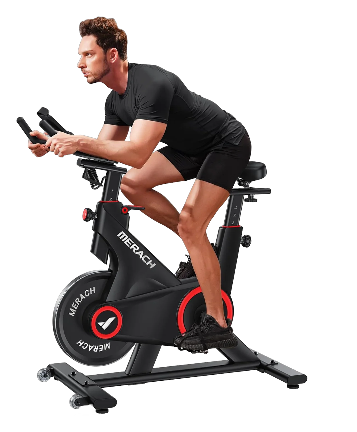 MERACH indoor cycling bike in black and red with flywheel and adjustable seat on white background