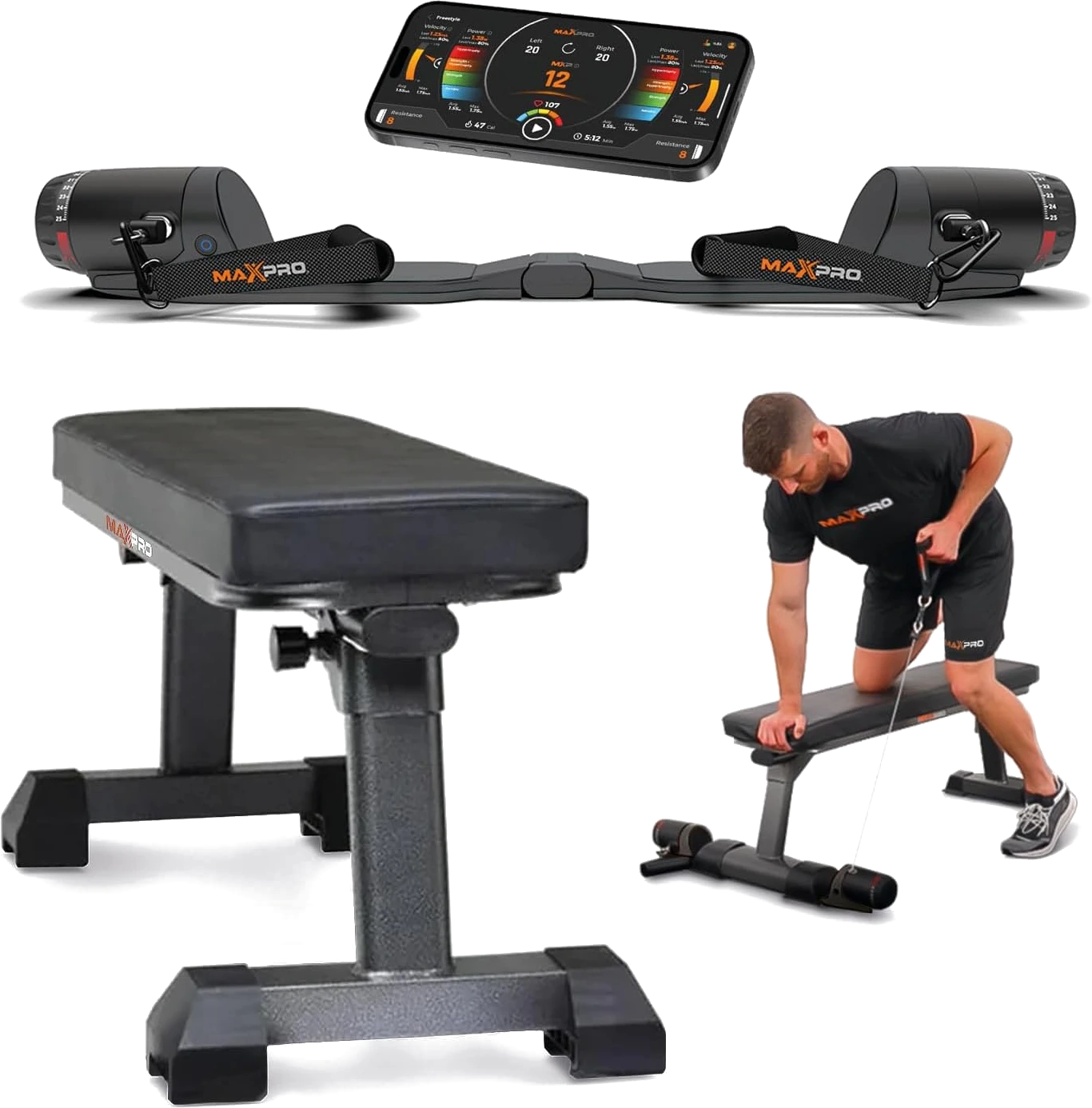 MAXPRO portable smart cable gym unit with adjustable resistance laid flat beside a workout bench on white background