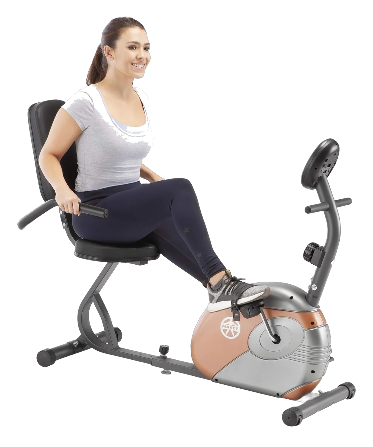 Marcy ME-709 recumbent exercise bike with padded seat and backrest on a white background