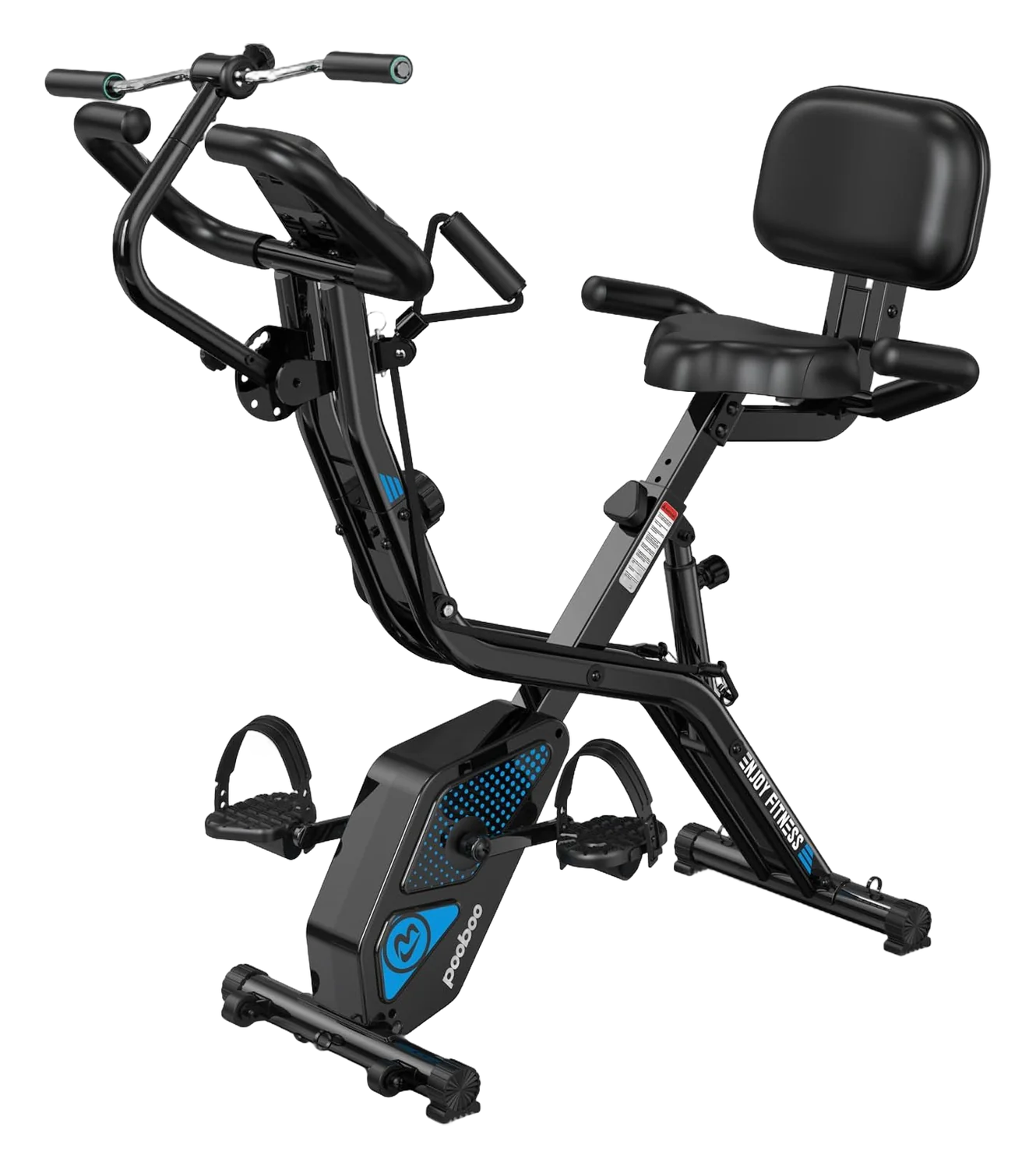 Pooboo X-819N folding exercise bike with backrest, arm resistance bands, and blue accents on a white background