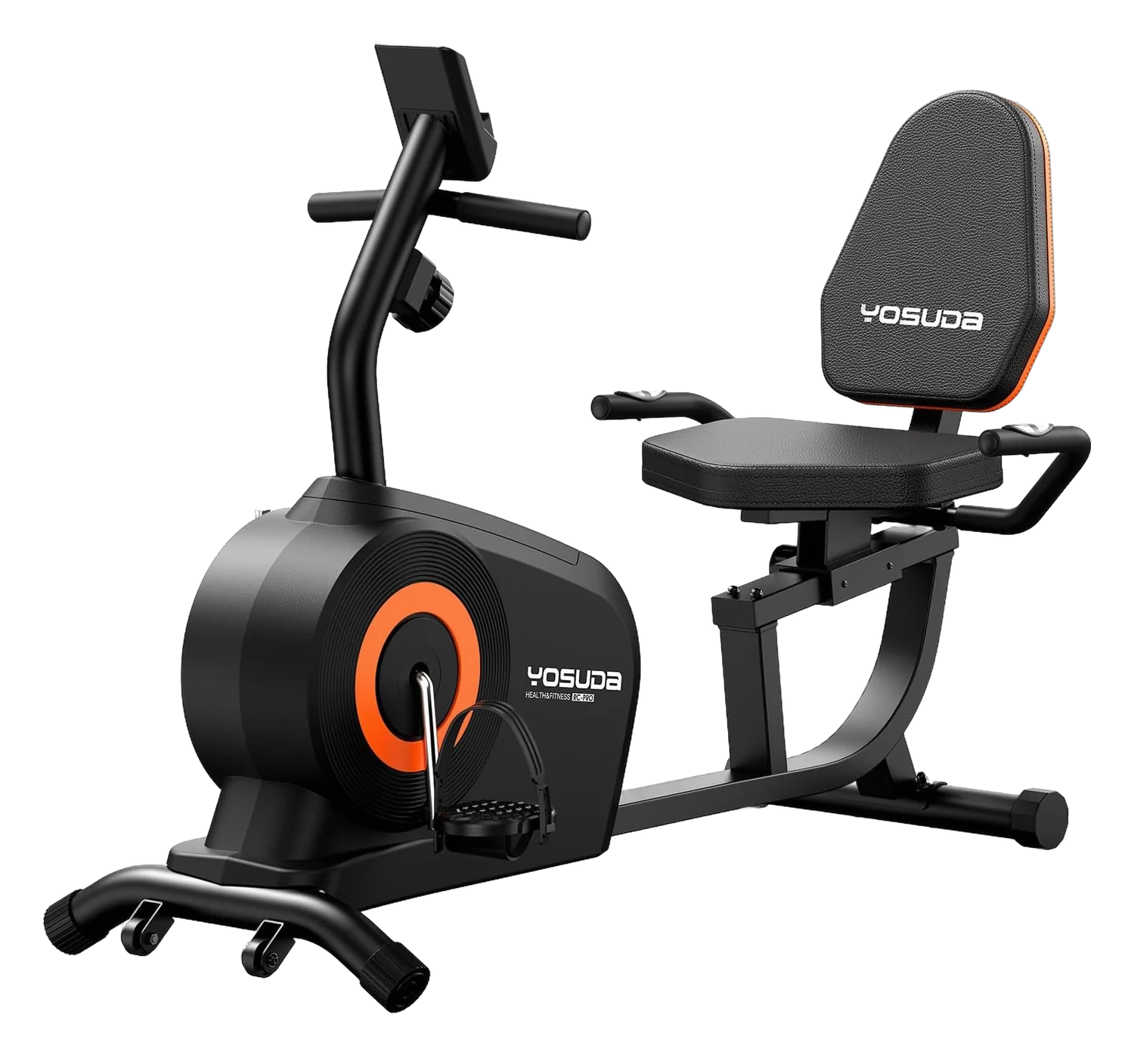 YOSUDA recumbent exercise bike with padded seat, back support, and orange accent flywheel on white background