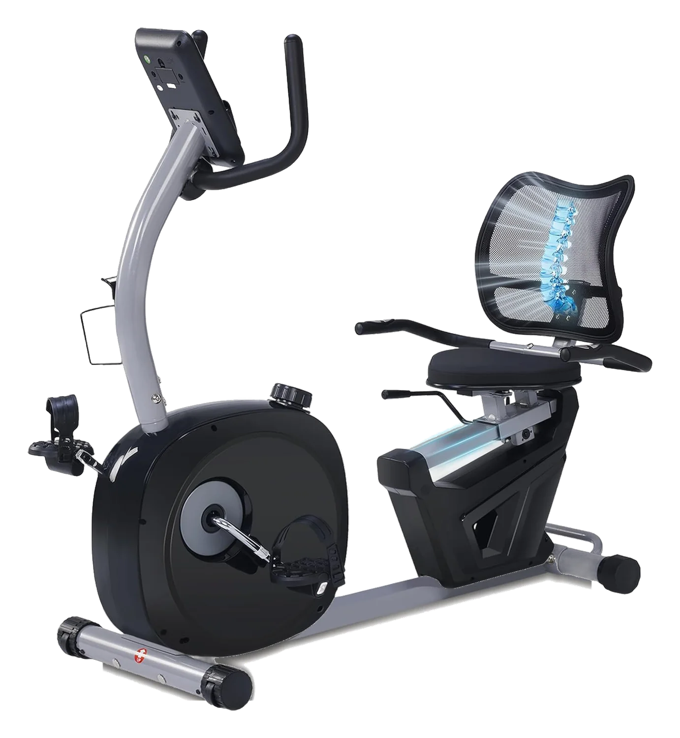 Kawnina recumbent exercise bike with mesh backrest, padded seat, and console on a white background
