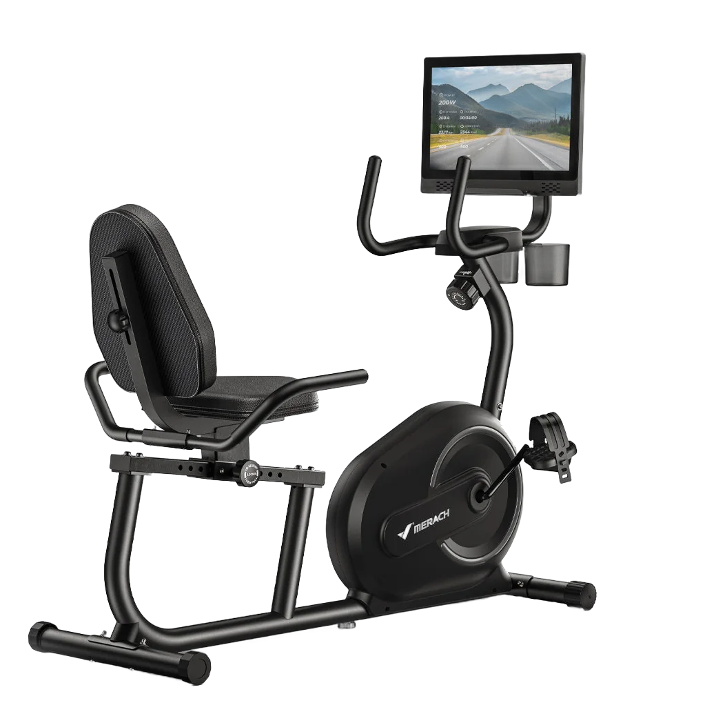 MERACH S08 recumbent exercise bike with a large touchscreen display and padded seat back