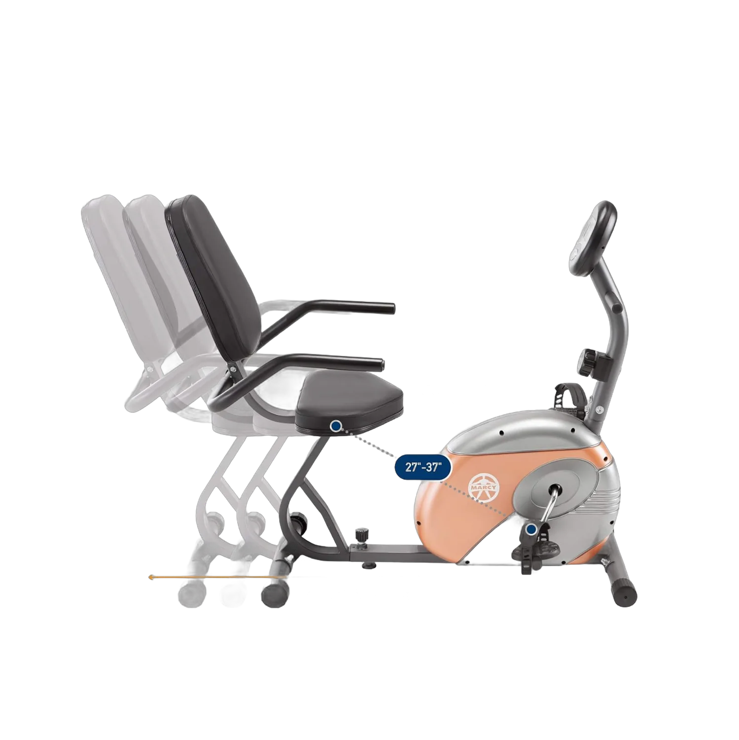 Marcy recumbent exercise bike with rose gold flywheel cover and padded seat on white background