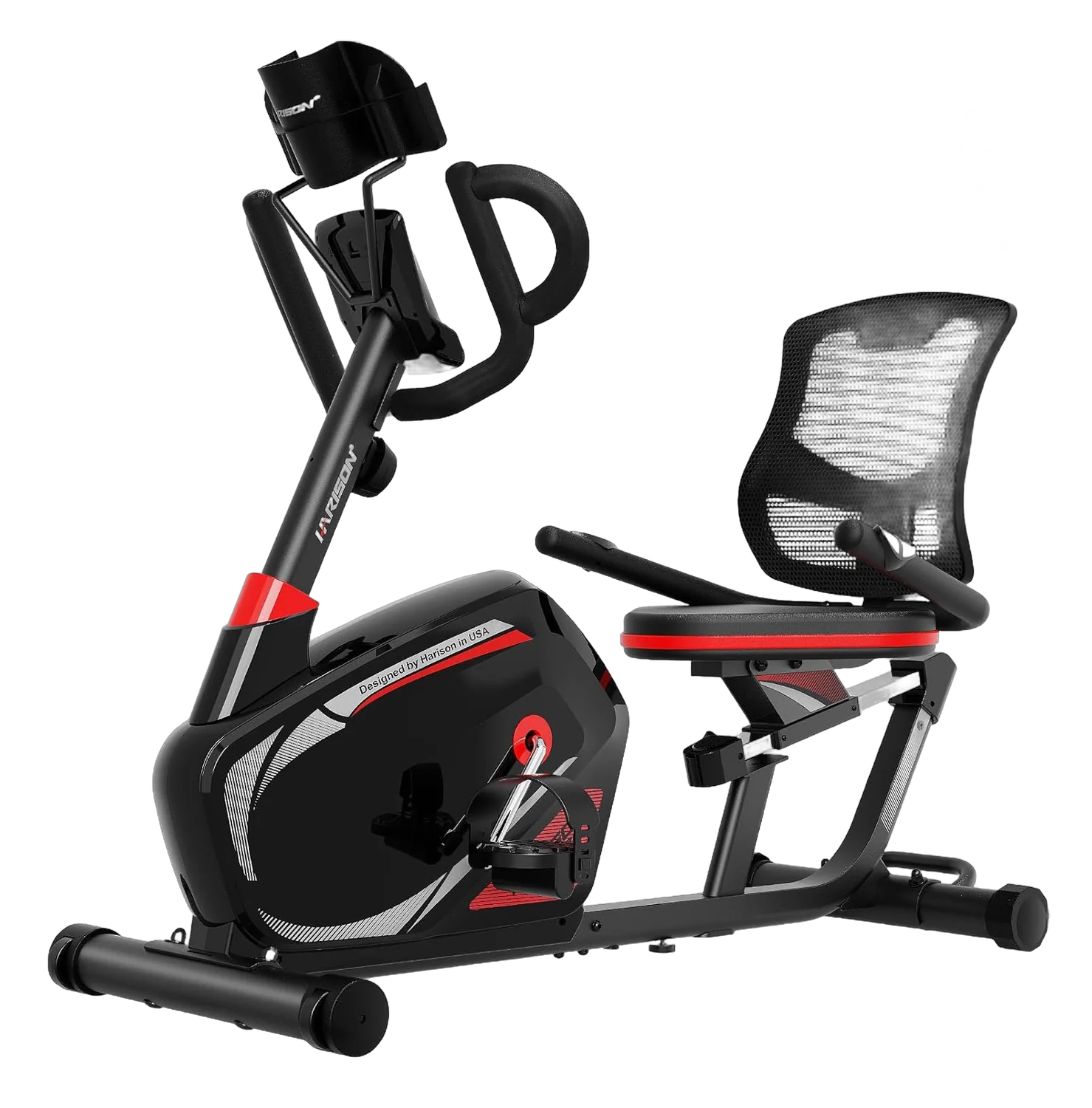 HARISON Pro recumbent exercise bike with mesh backrest and step-through frame on white background