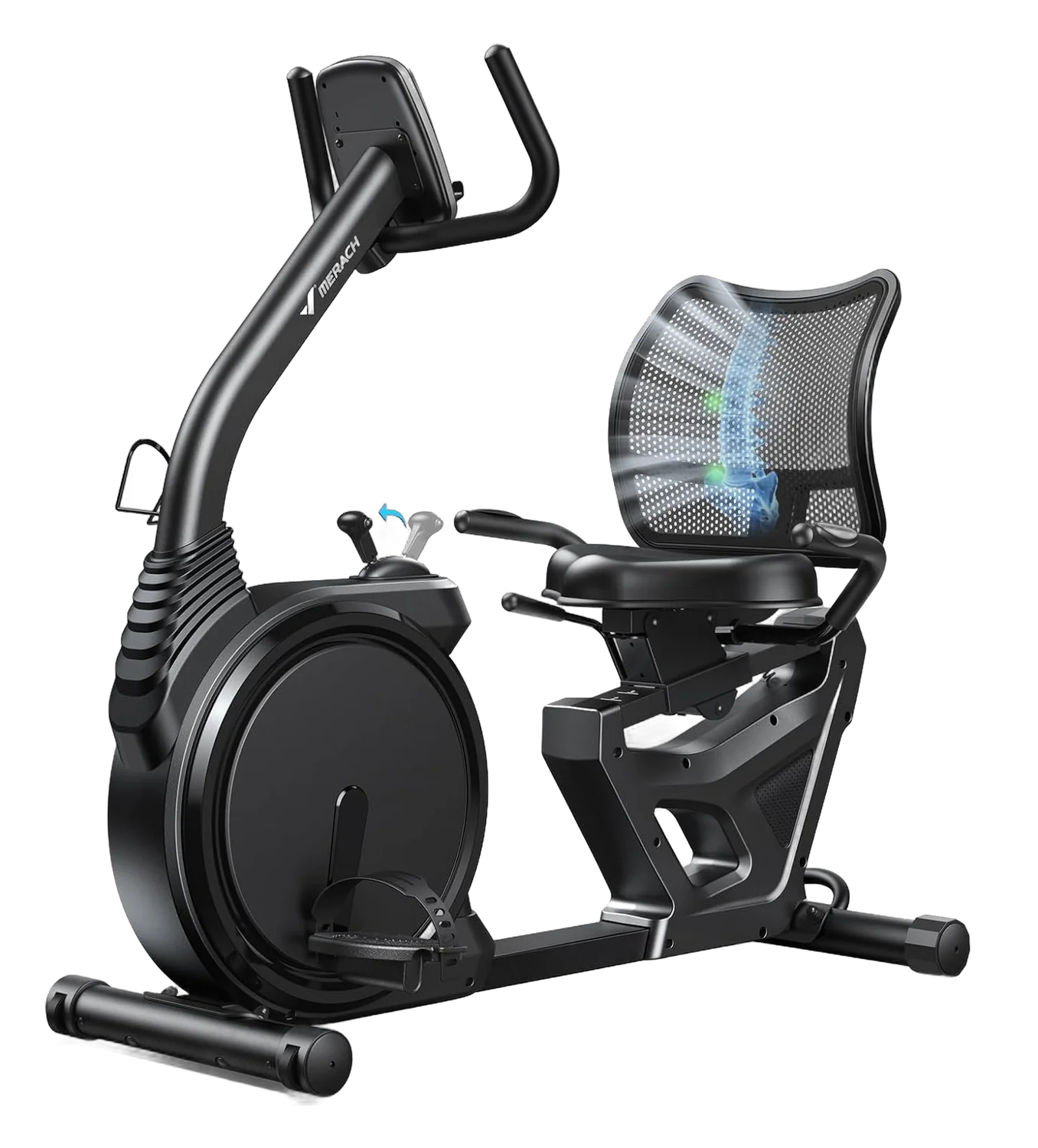 MERACH recumbent exercise bike with mesh back support and console on white background