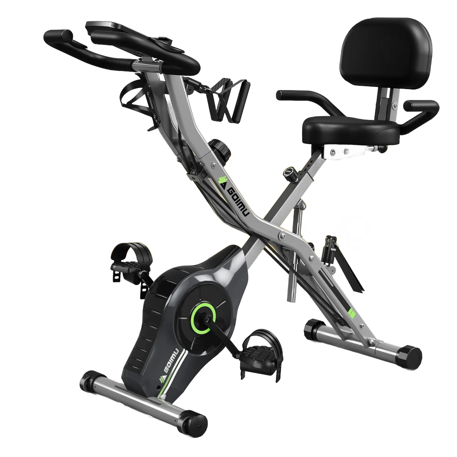 GOIMU foldable stationary bike with backrest, arm resistance bands, and LCD monitor on white background