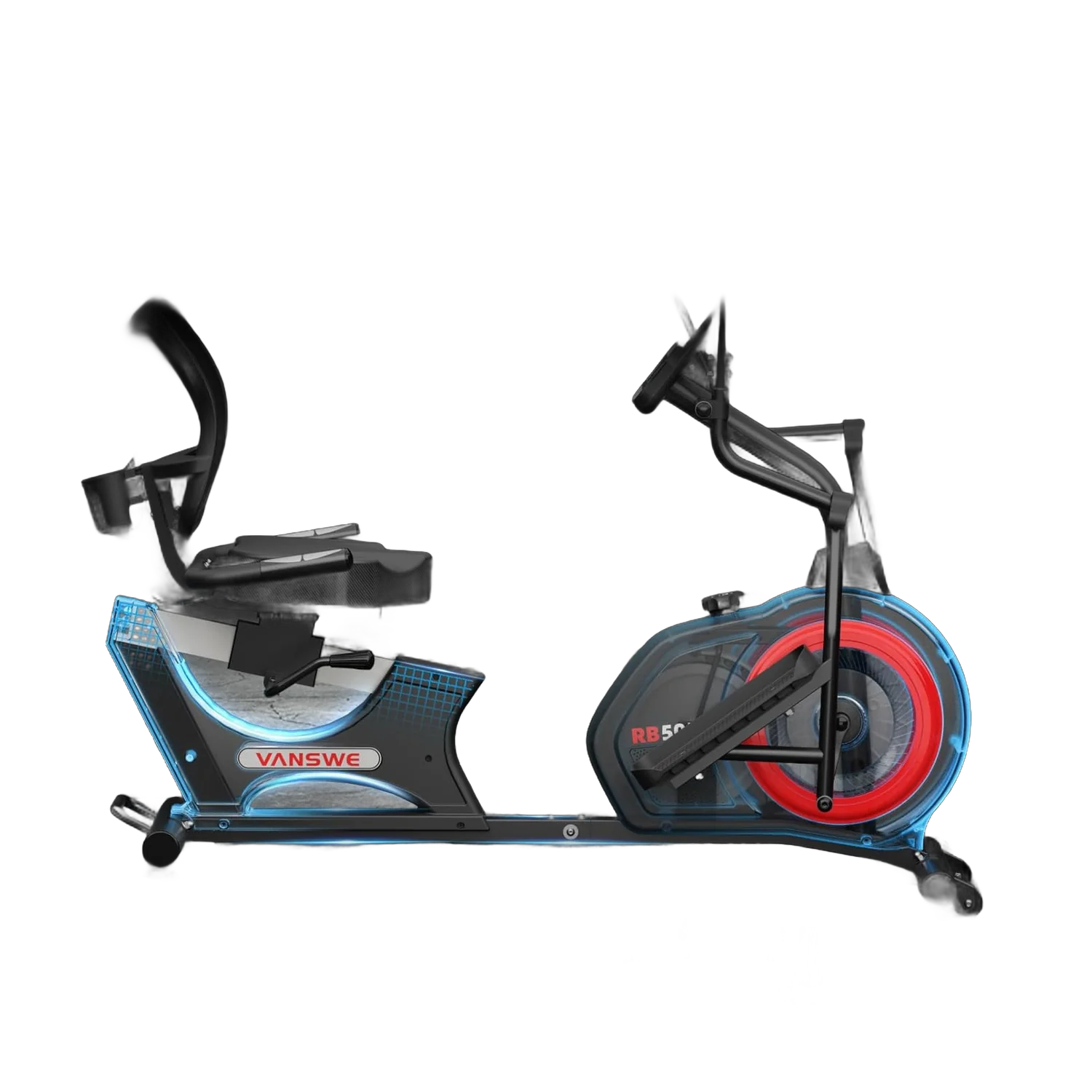 VANSWE recumbent elliptical cross trainer with moving handlebars and padded seat on white background