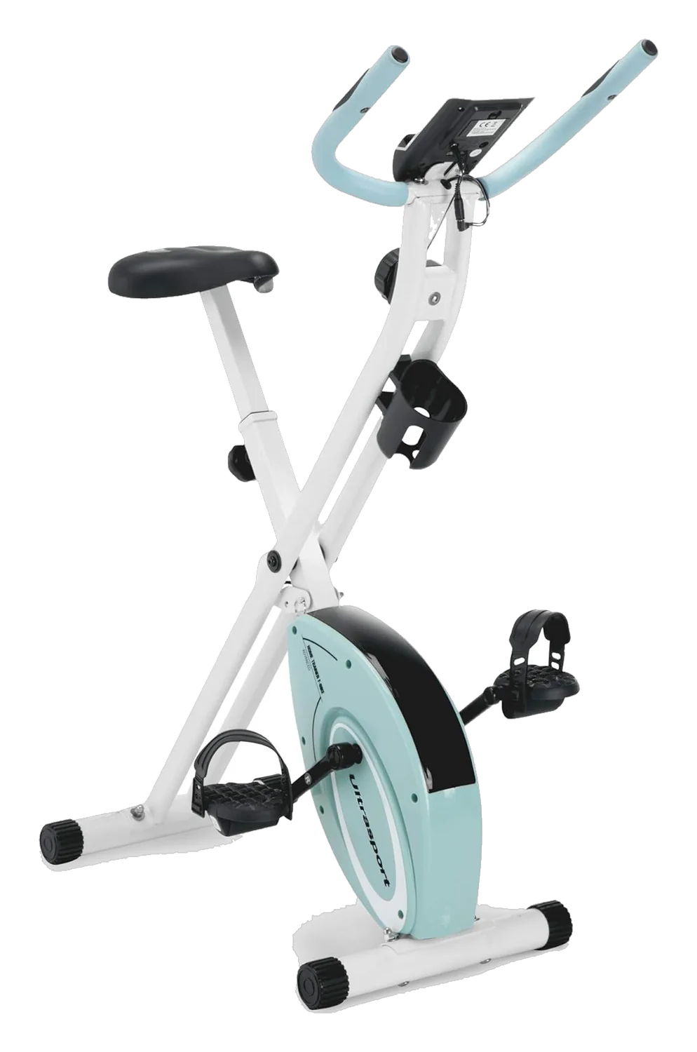 Marcy foldable upright exercise bike with X-frame design, handlebars, and pedals on a white background