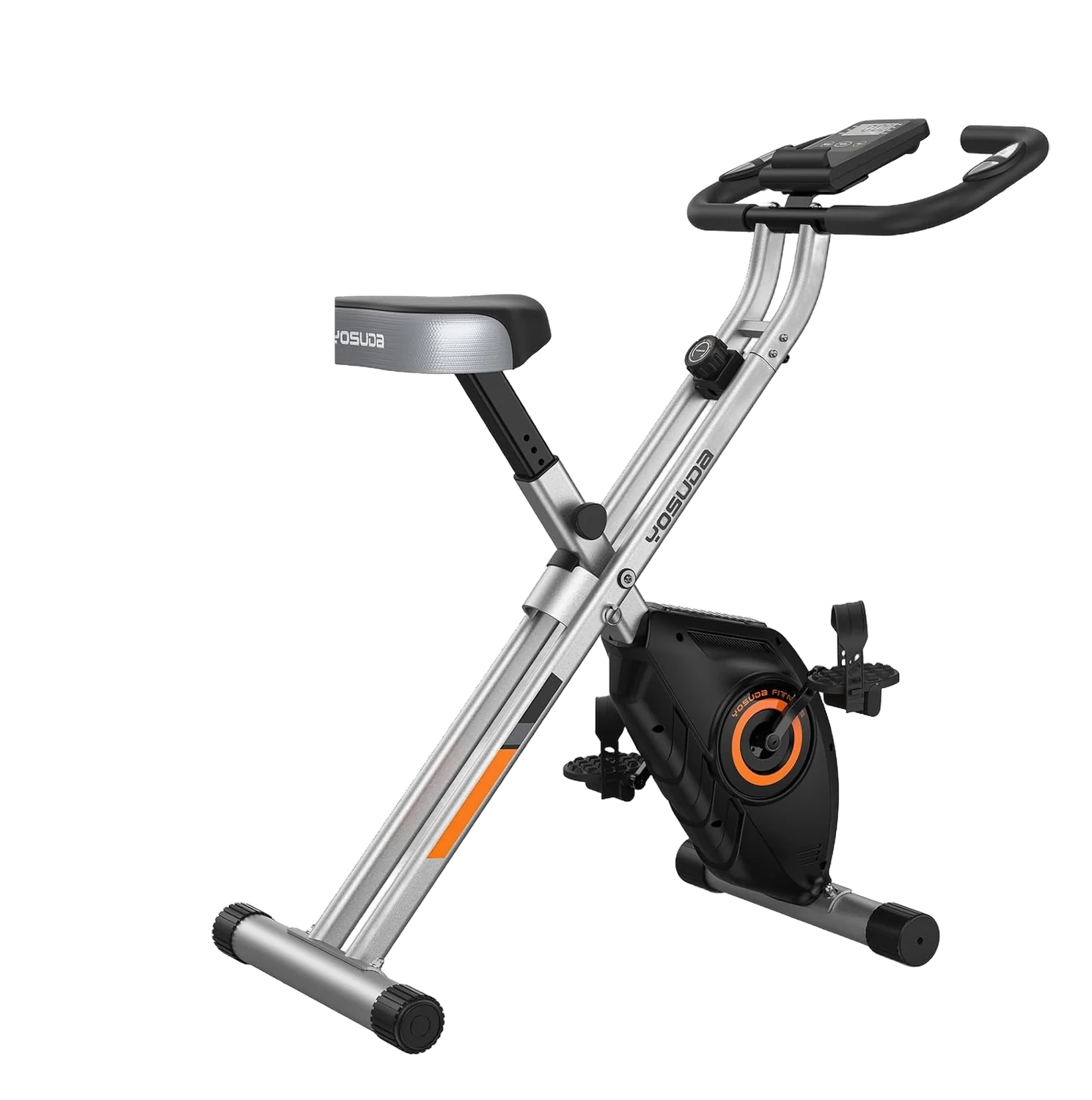 YOSUDA folding exercise bike with silver frame, padded seat, and orange accent flywheel