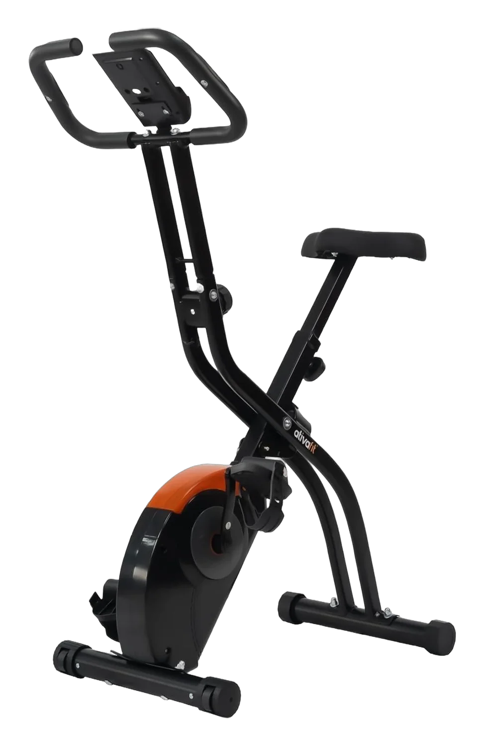 ATIVAFIT foldable exercise bike with orange flywheel cover and adjustable handlebar on white background