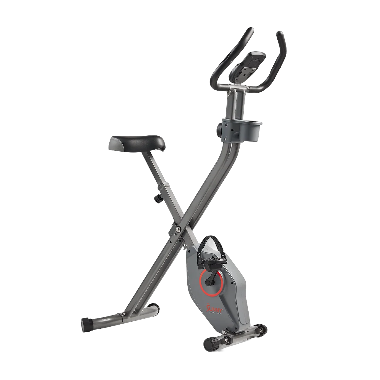 Sunny Health & Fitness Smart Folding X-Bike with gray X-frame, padded seat, and red-accented flywheel on a white background