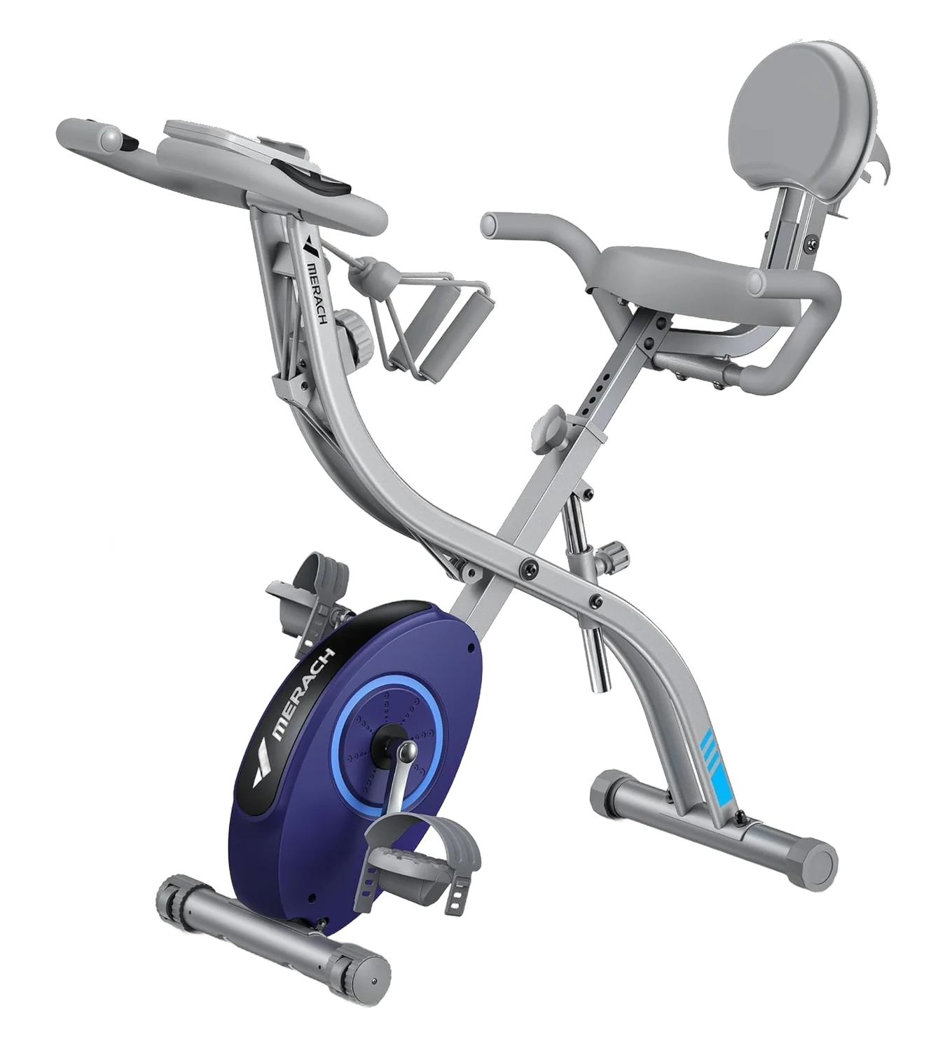 MERACH folding exercise bike with arm resistance bands, backrest, and blue flywheel