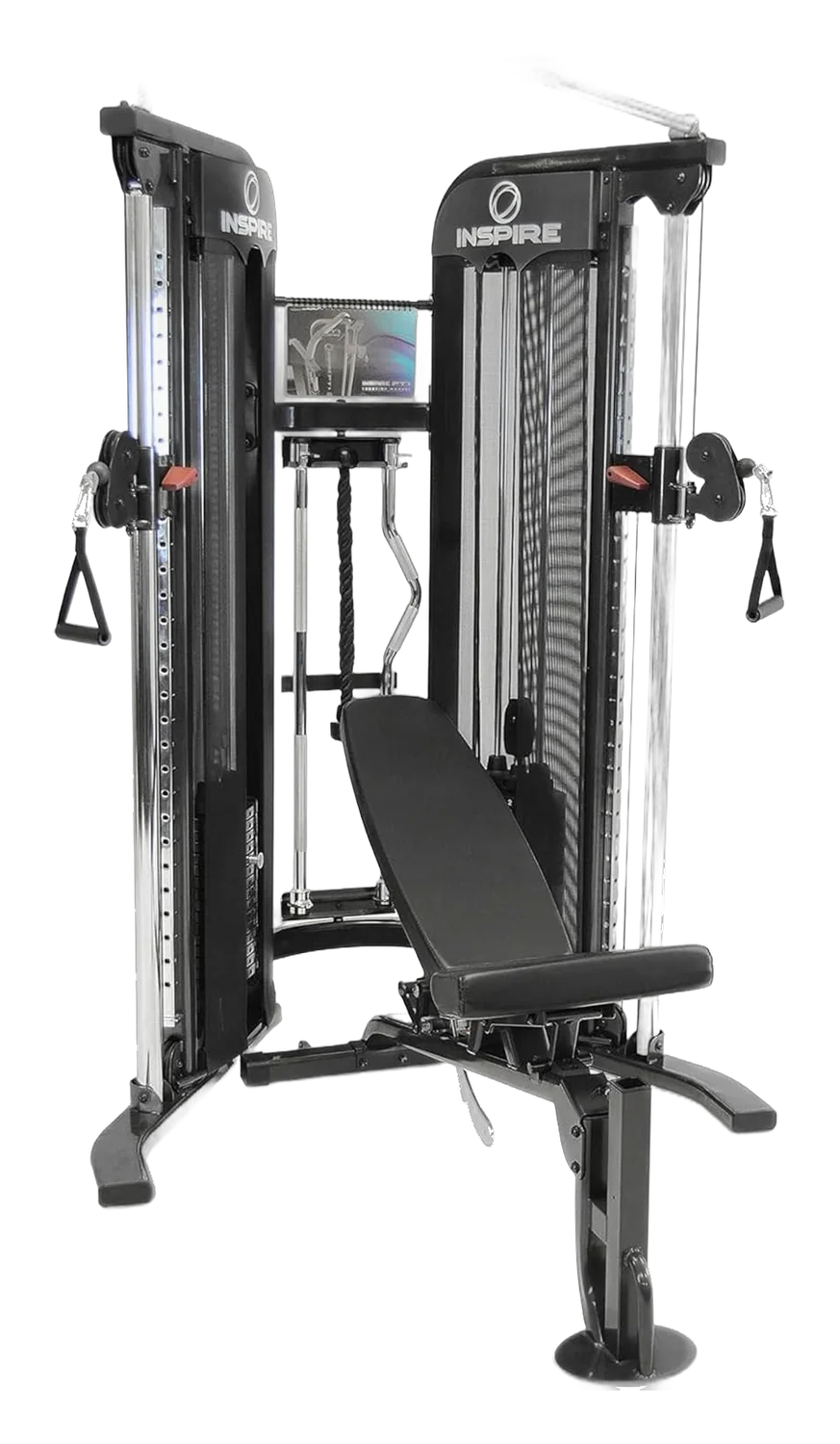 Inspire Fitness FT1 Functional Trainer with dual weight stacks, cable pulleys, and adjustable bench on white background