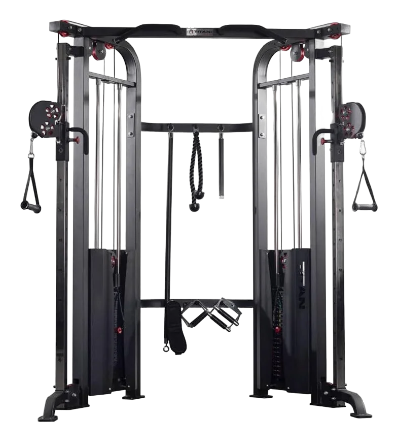 Titan Fitness Functional Trainer cable machine on a white background with dual weight stacks and attachments