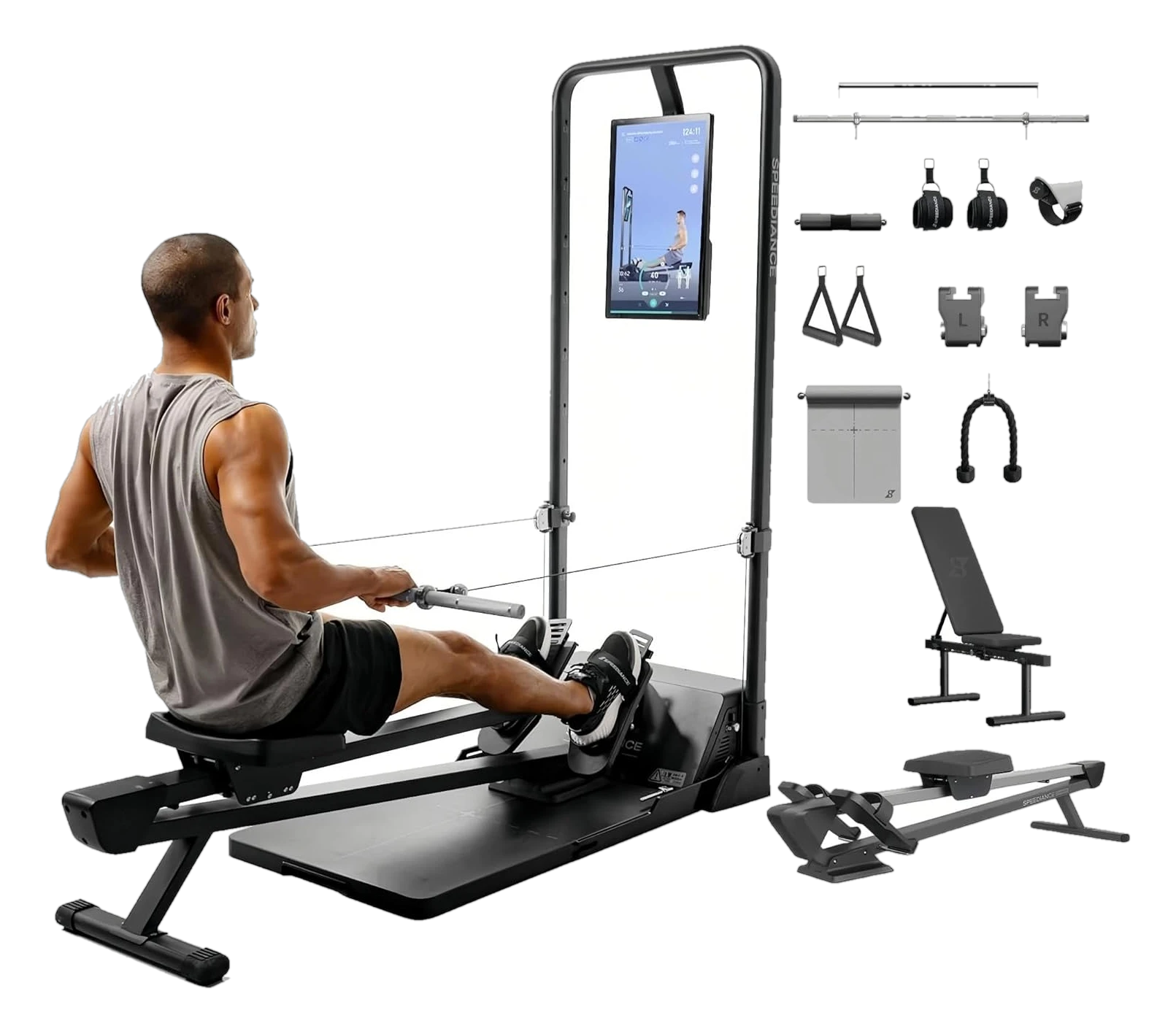 Speediance Gym Monster home gym system with rowing attachment, pull-up bar, and accessories on white background