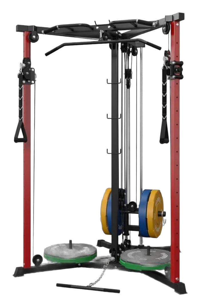 Mikolo cable crossover machine with red uprights, dual pulleys, and weight plates loaded