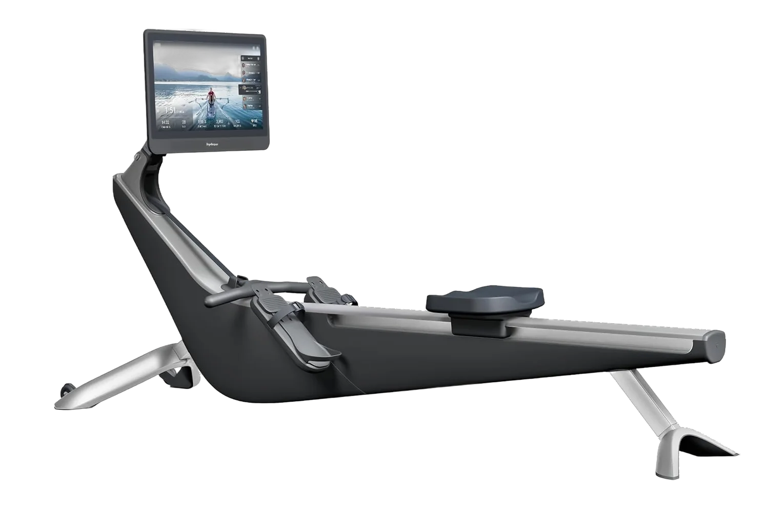 Hydrow Origin rowing machine with 22-inch HD touchscreen on white background