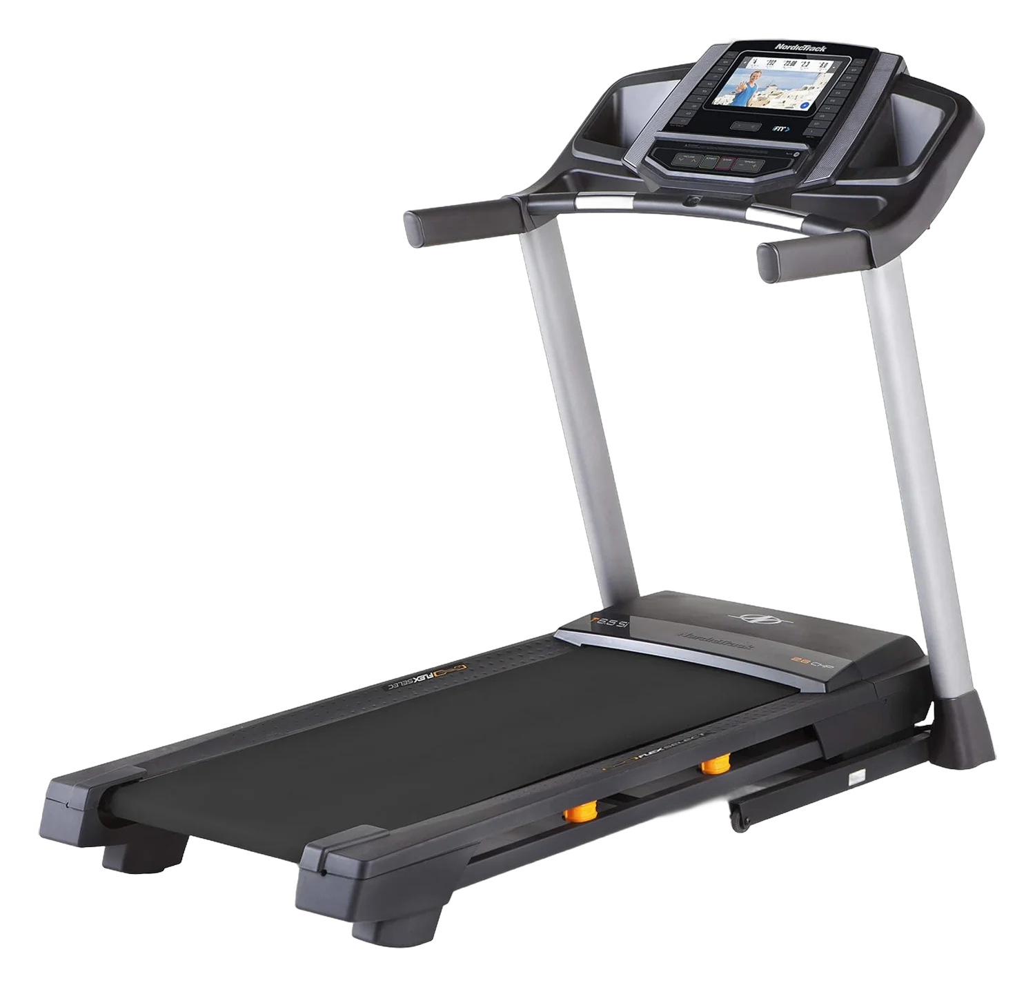 NordicTrack T Series treadmill on white background, front three-quarter view