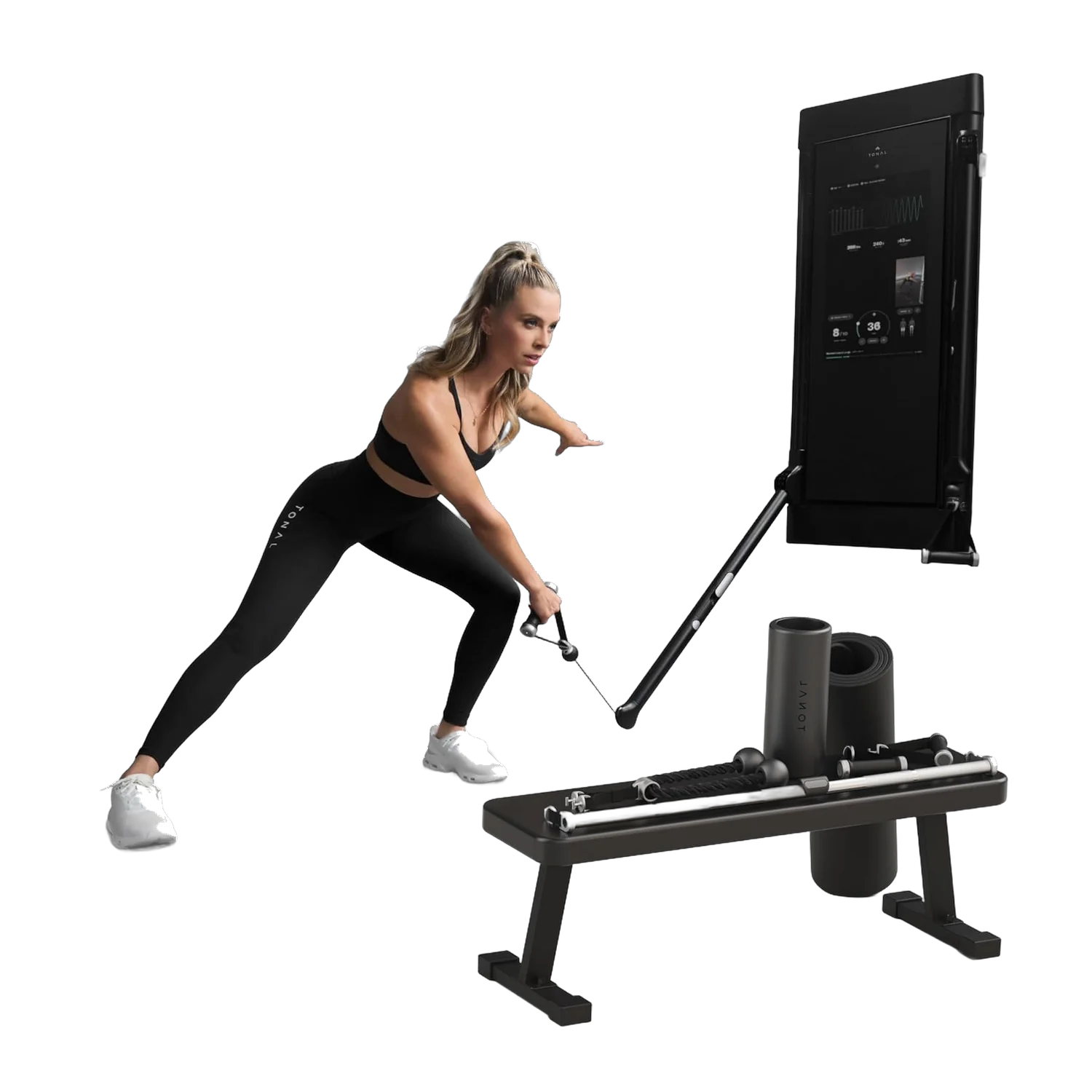 Tonal 2 smart home gym with bench and accessories on white background